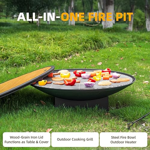Miniatura 2 de Fogata de 32 pulgadas para exterior, mesa de leña para exteriores con parrilla y tapa de cubierta, hoguera portátil grande para patio trasero y