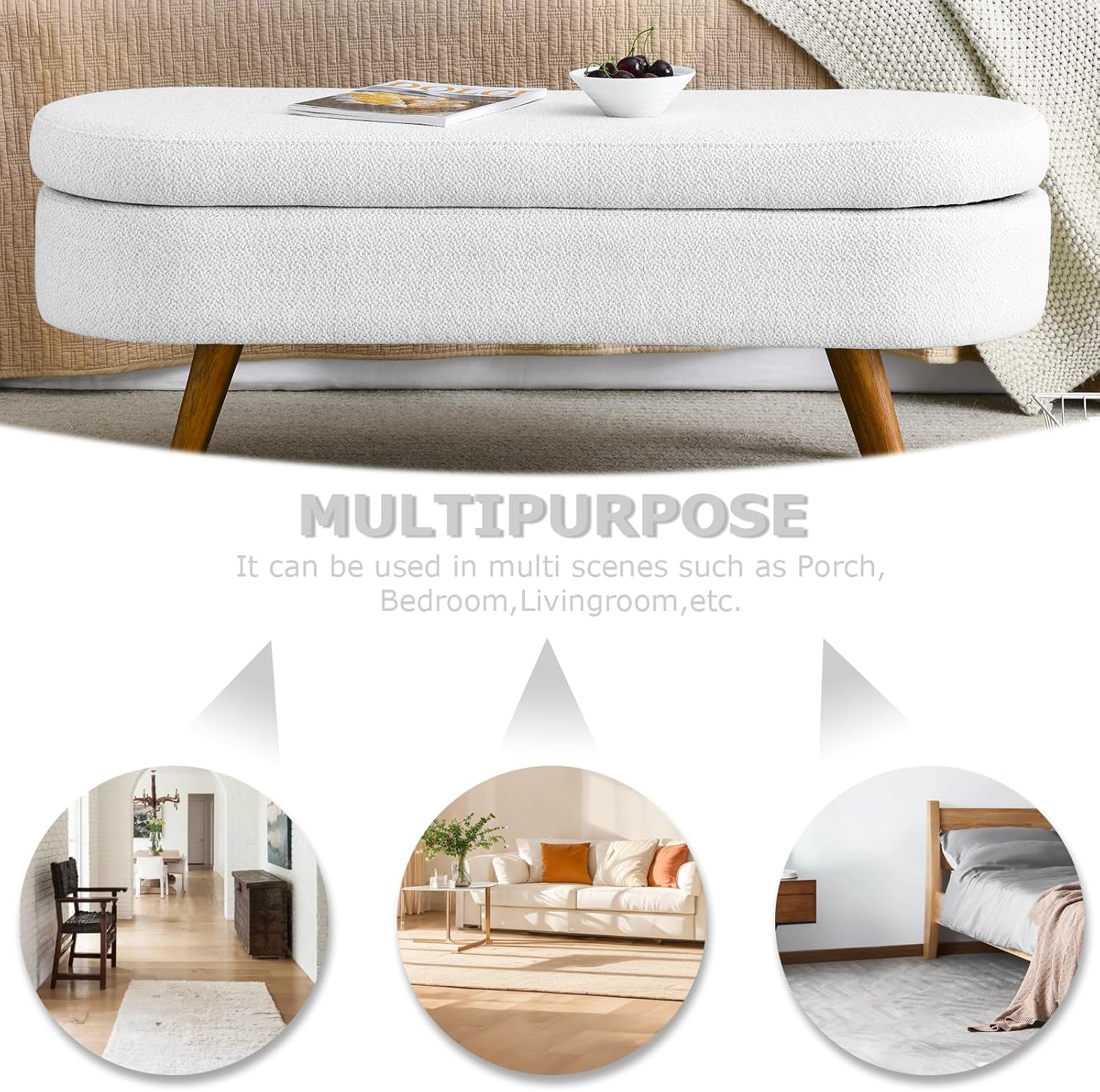 SoarFlash Ottoman Oval Storage Bench Linen Fabric Rubber Wood Legs（White）