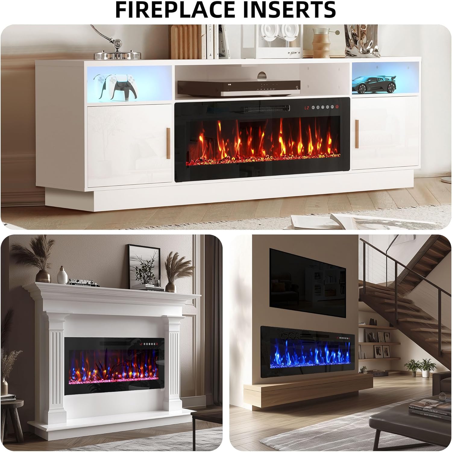 BREEZEHEAT 42 inch Electric Fireplace Inserts-Recessed Fireplace for TV Stand-Wall Fireplace with Remote Control, 12 Flame Colors, 5 Brightness, 1-8H Timer, Overheat Protection, 750/1500W