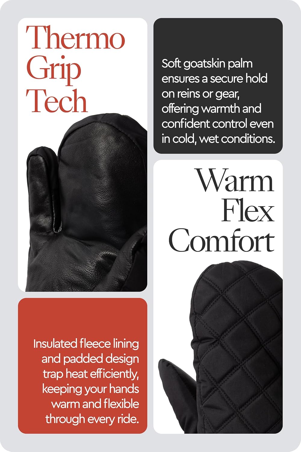 HORZE Adult Padded Warm Winter 3-Finger Horseback Riding Equestrian Mittens for Extra Rein Grip