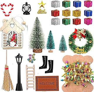 39 Pcs Doll House Decoration Miniatures Dollhouse Accessories Small Scene Model Light Mini Tree Gift Boxes Fake Light Door Miniature Scene Model Pretend Toys DIY Festival Holiday Party Favors Christm