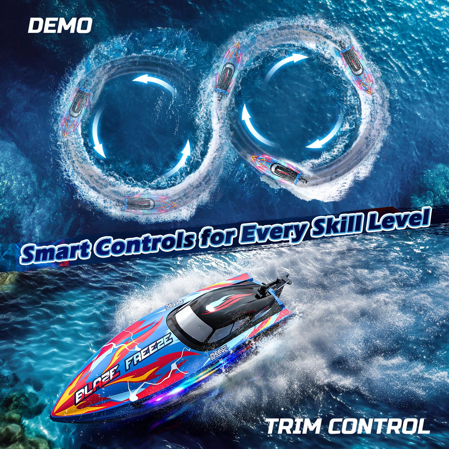 DEERC Bateau télécommandé Rapide pour Piscine et lac avec éclairage LED, 20+MPH, 40+ Mins, Bateau de Course télécommandé à redressement Automatique pour Enfants, Jouet Aquatique d'été 2,4 GHz