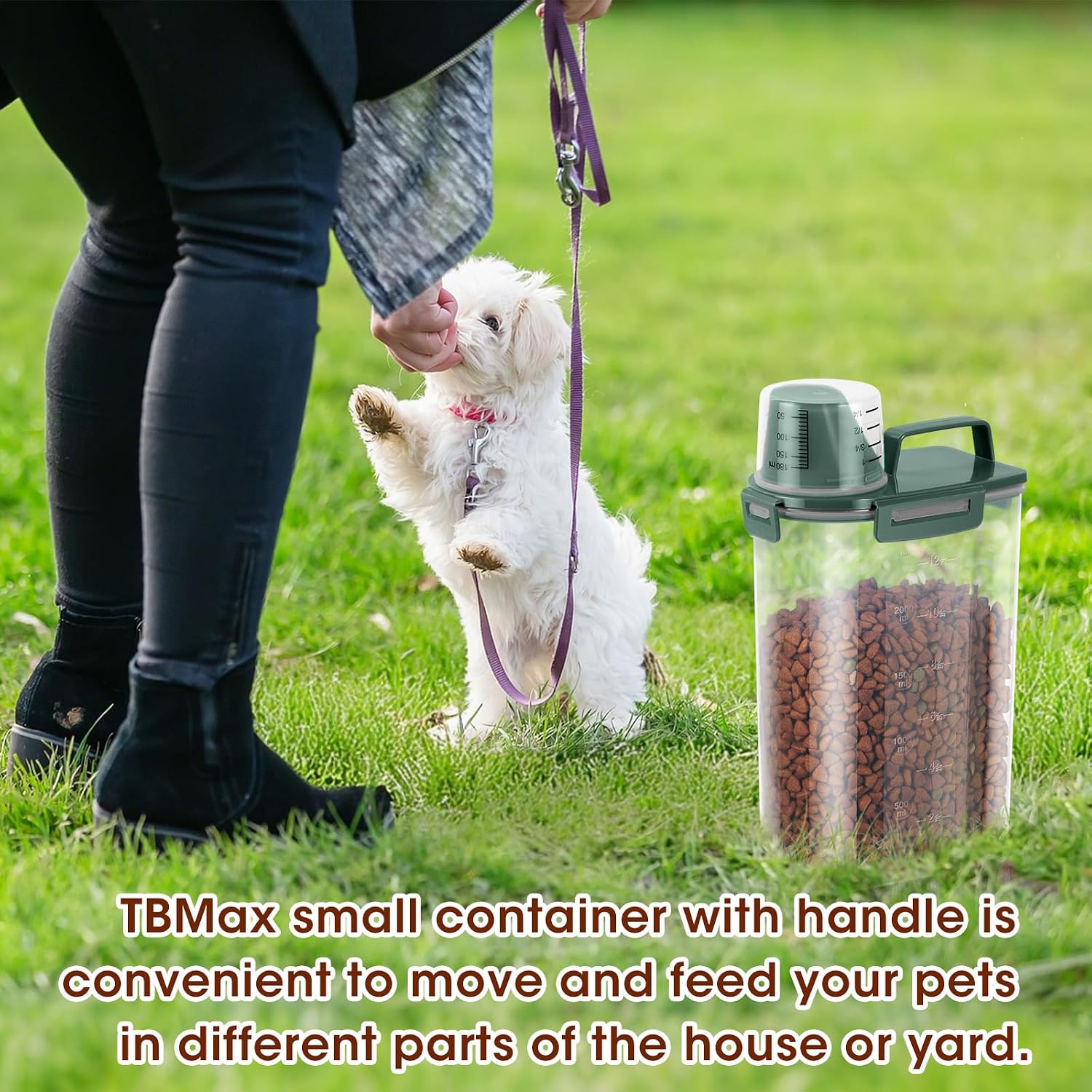 TBMax Small Dog Food Storage Container 3 Qt with Cat Food Can Cover and Mixing Spoon, Portable Travel Pet Food Dispenser with Large Spout and Cup -Bottle Green