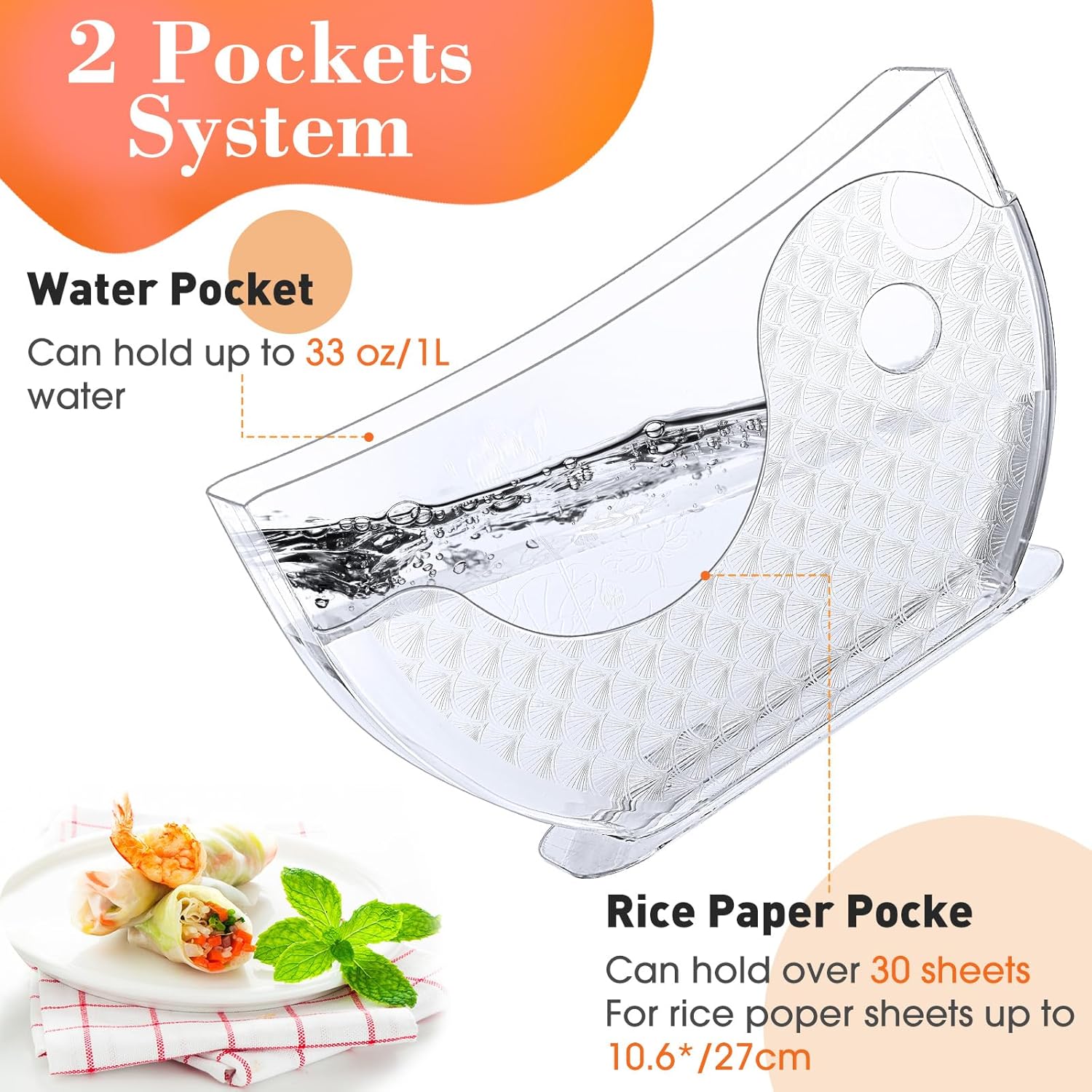 4 Pieces Rice Paper Water Bowls with Side Pocket Holder Spring Roll Water Bowl Container Tray Maker for Wrappers, Rice Paper Not Included