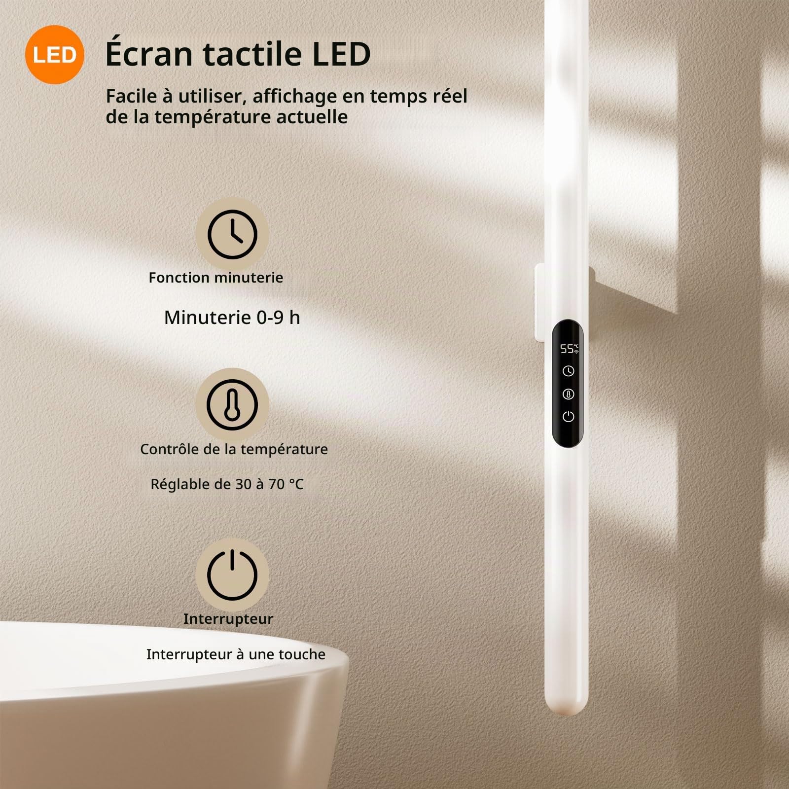 Seche Serviette Electrique, Porte-serviettes électrique à tige unique, Serviette Murale Intelligent à Température Constante, Chauffe-serviettes,Sèche Serviettes Électrique,économie d'énergie-White