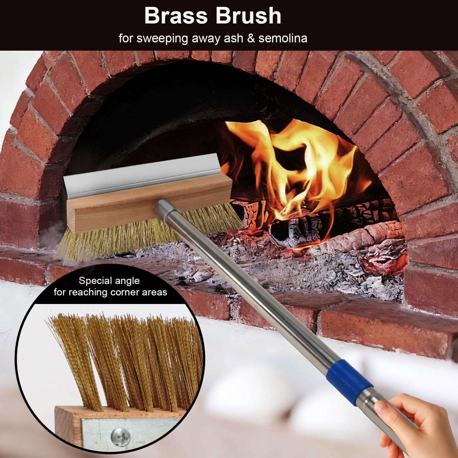 Brosse de Four à Pizza avec grattoir en Acier et Brosse en Laiton, pour Nettoyer Les Pierres à Pizza Chaudes, Longue poignée de 153 cm, Accessoires pour Four à Pizza, Ustensiles de Grill