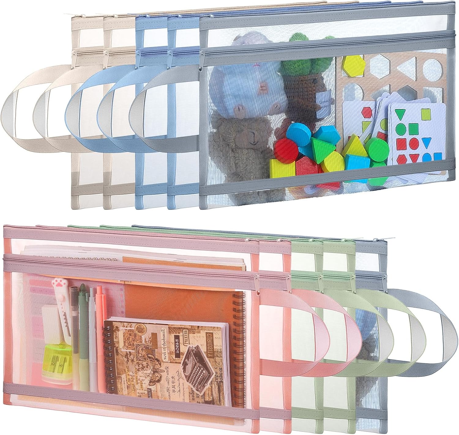 10 Pack Mesh Bags with Zipper, Double-Layer Nylon Toy Storage Bags, Lego Storage Organizer, Multicolor Mesh Zipper Pouch Toy Organization(A4 Size)