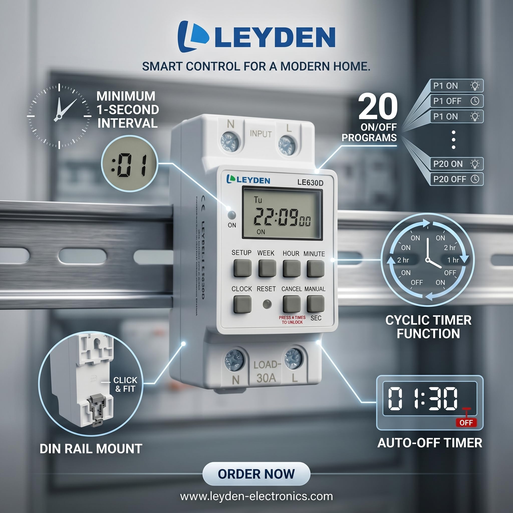 LEYDEN® LE630D, 30A 220VAC Digital Timer Switch 20 ON/Off Programs Daily/Weekly, 1-Second Interval Cyclic & Delay Function (1s–24h) for Bell, Siren, Lights, Motors, Fans, Heaters, Irrigation & Fogger — Amazon image 9