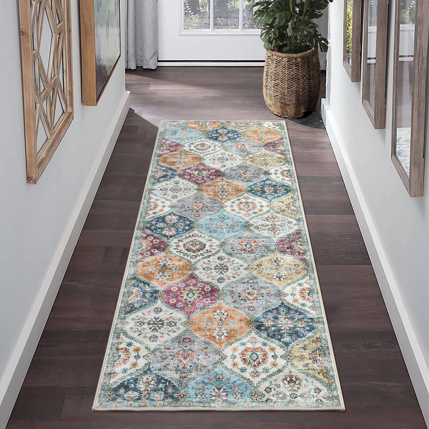 ROYHOME Runner Rug Washable Moroccan Trellis Hallway Runner Rug Entryway Rug, Stain Resistant Non-Slip Bedroom Rug Vintage Distressed Entrance Carpet