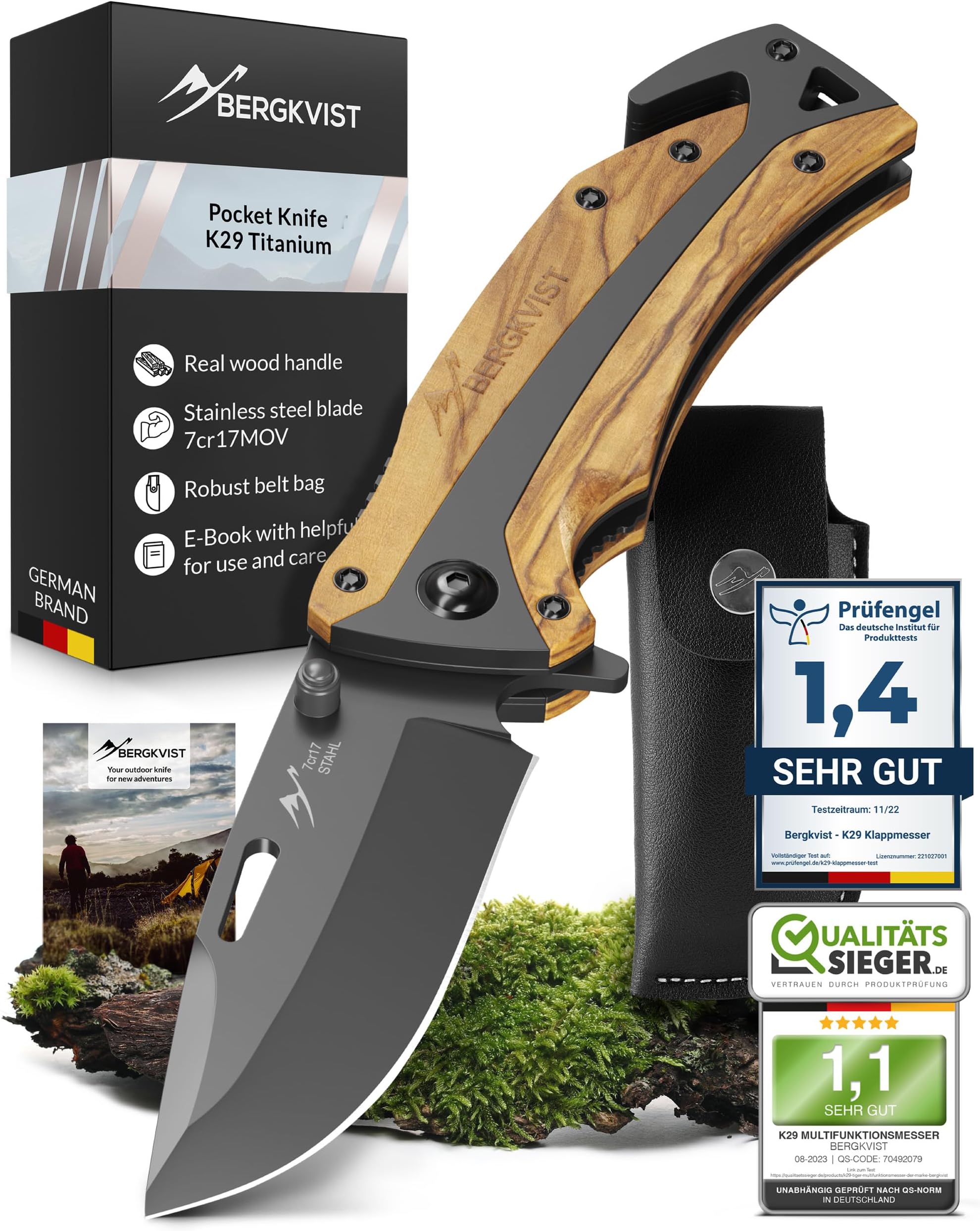BERGKVIST® K29 Folding Knife in Olive Wood - 3-in-1 Survival & Outdoor Knife with Titanium-finished Blade - Bronze A' Design Award 2021 - Pocket Knife with Belt Pouch