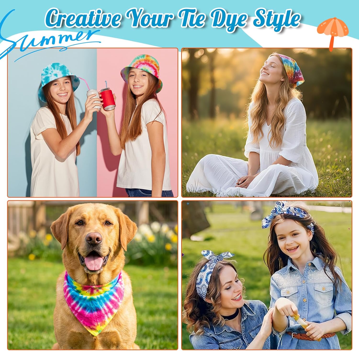 Silkfly 24 Pack White Cotton Bucket Hat and Bandanas Set for Tie Dye Gift Blank DIY with Accessory for Tie Dye Party Back to School DIY Large Groups
