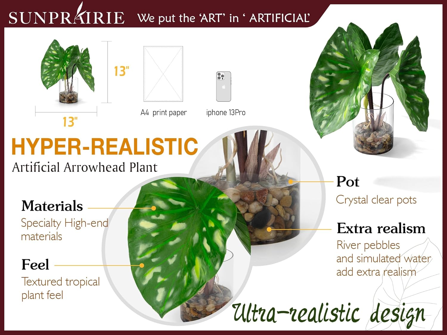 SUNPRAIRIE Tropical Artificial Plant in Clear Pot with Artificial Water, Wide Arrowhead Leaves. Faux Plants Indoor and Outdoor - Image 2