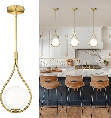 Miniatura 9 de AUTELO Luces colgantes doradas, 1 lámpara colgante de luz para isla de cocina en acabado dorado cepillado con vidrio de globo blanco lechoso,