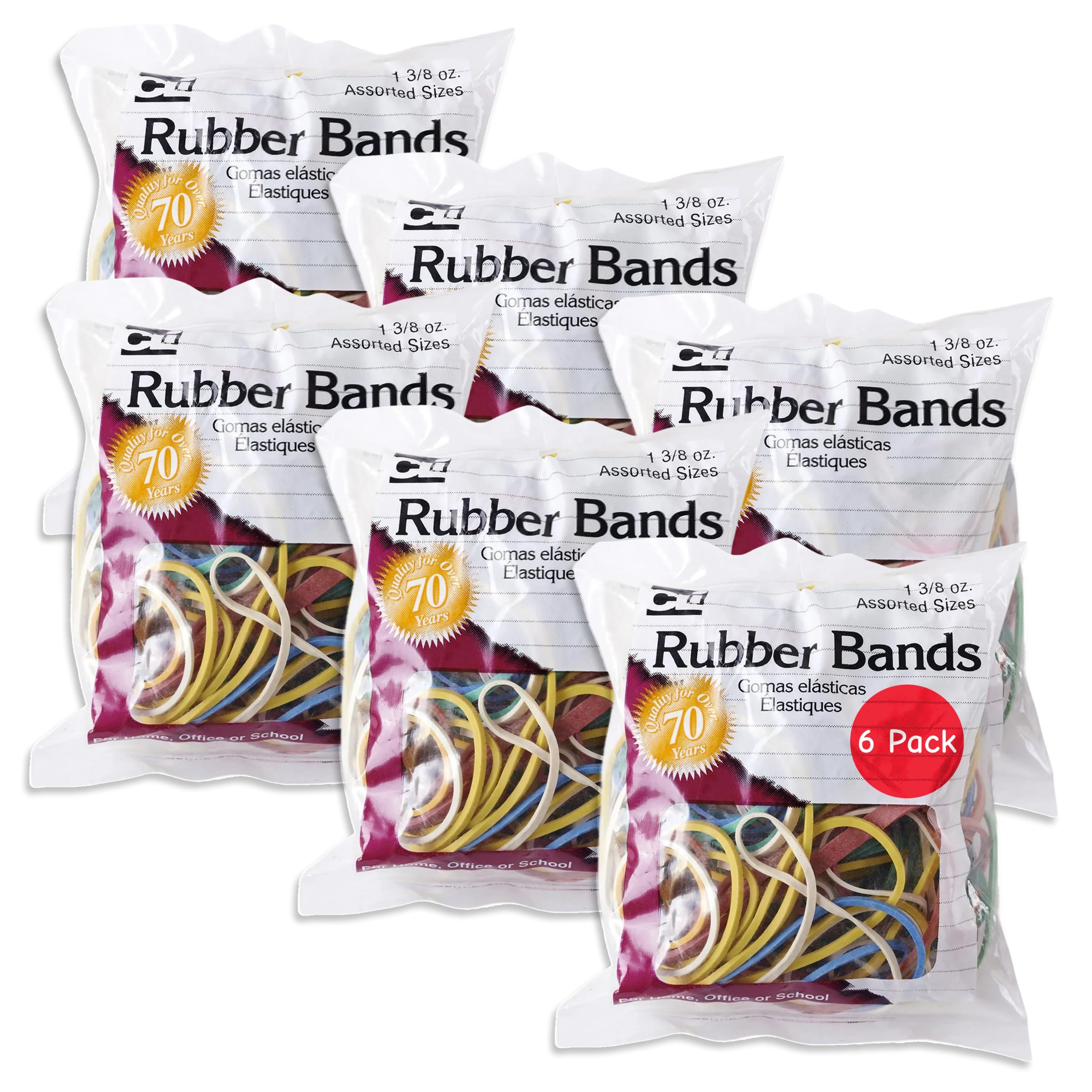 Charles Leonard Rubber Bands Assorted Sizes &amp; Colors 1.4oz per Individual Bag, 6 Bags/Box (56385-6)