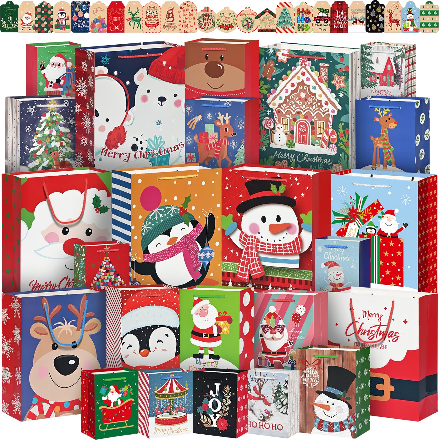 WLUSEAXI 24Pack Christmas Gift bags Assorted Sizes with 24 Gift Tags,Christmas Paper Bags with Handle,8 Large 8 Medium 8 Small Holiday Gift Bags for