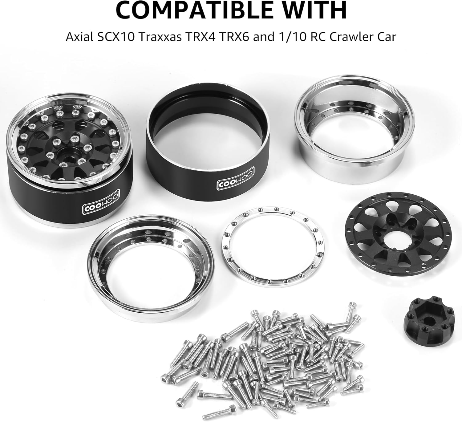 COOWOO RC Wheels Upgrade Parts, 1.9 in Beadlock Wheels Adjustable Offset for 1/10 TRX6 TRX4 or SCX10 RC Trucks, Made of Aluminum Alloy, Teardrop-Shaped, Set of 4, Black