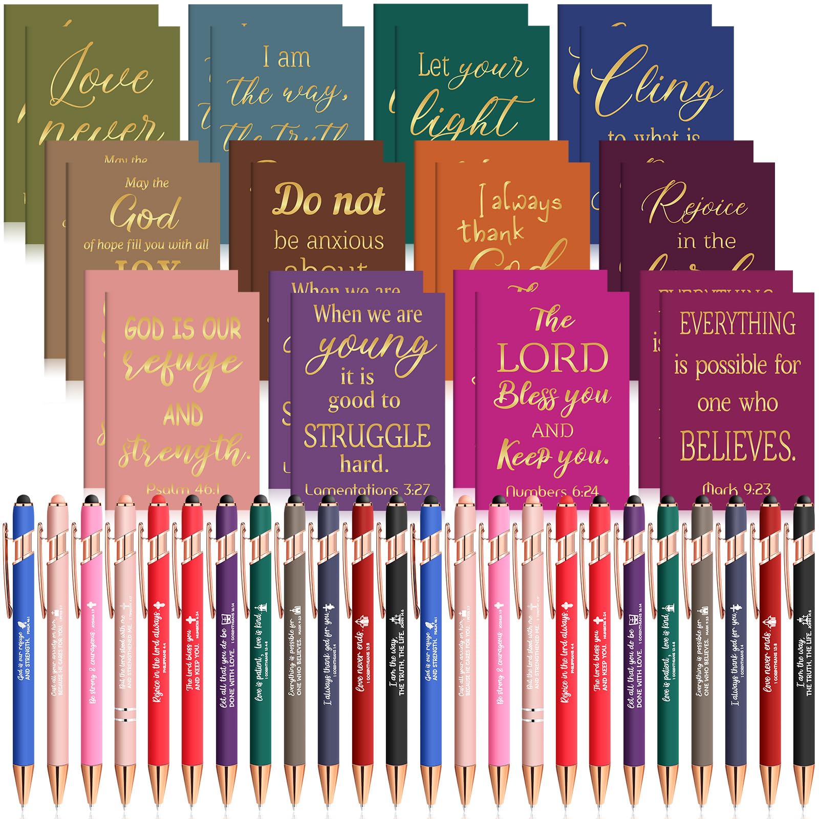 Estune 48 piezas de regalos cristianos para mujeres, bolígrafos bíblicos, blocs de notas, juego de regalo, bolígrafo, cuaderno, citas inspiradoras, bolígrafo cristiano, regalo motivacional bíblico