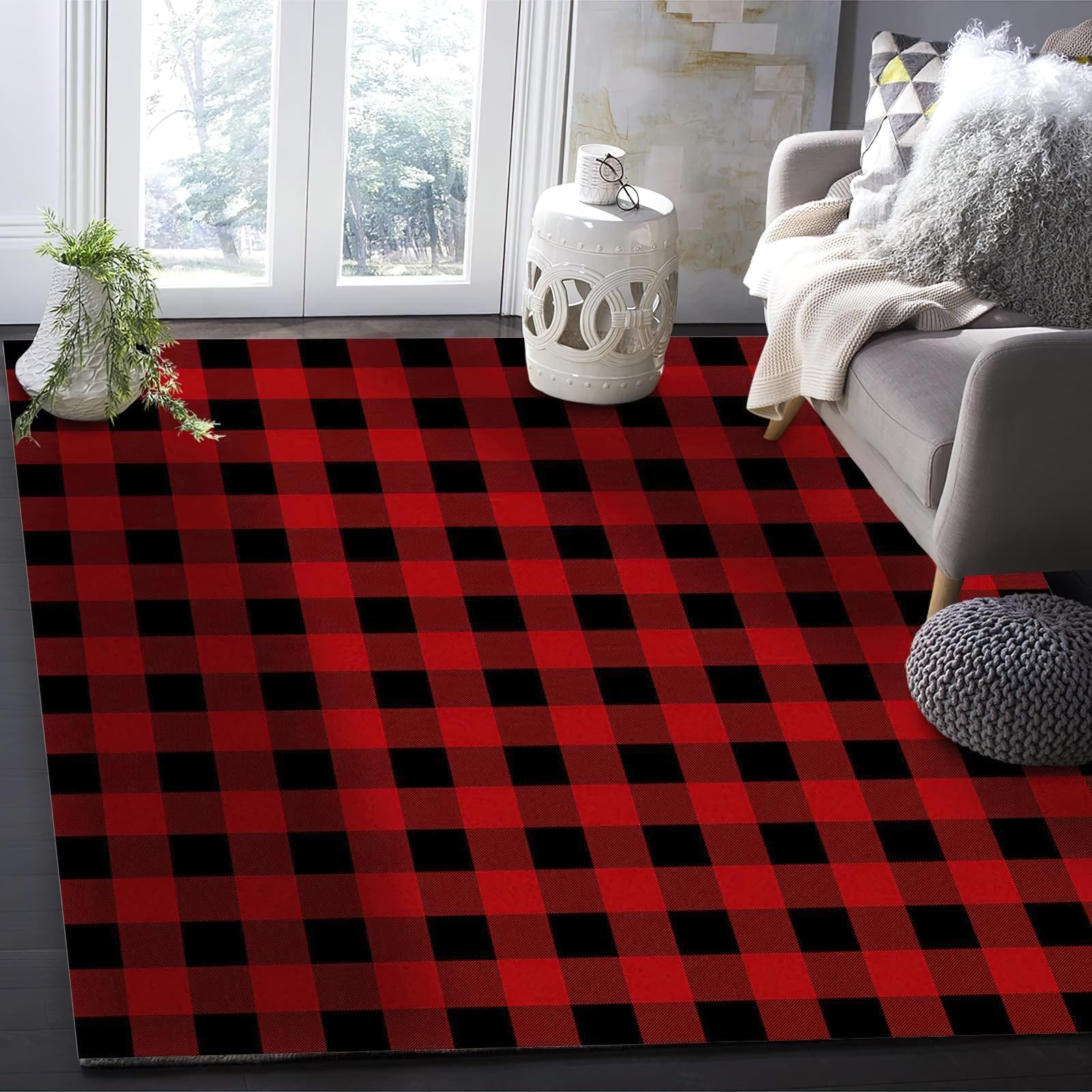 Black Red Checkered Plaid Area Rug, Buffalo Plaid Non Slip Easy Care Kids Rugs, Breathable Durable Carpet for Indoor Bedroom Living Room Office Decor