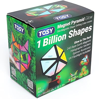 TOSY Magnet Pyramid Glow - 1 Cube Transforms into 1 Billion Shapes, 15 pcs (12 Puzzle pcs & 3 Accessories), 243 Magnets, Glowing, Christmas Stocking Stuffers Gift for Kids, Creative Puzzle STEM Toy