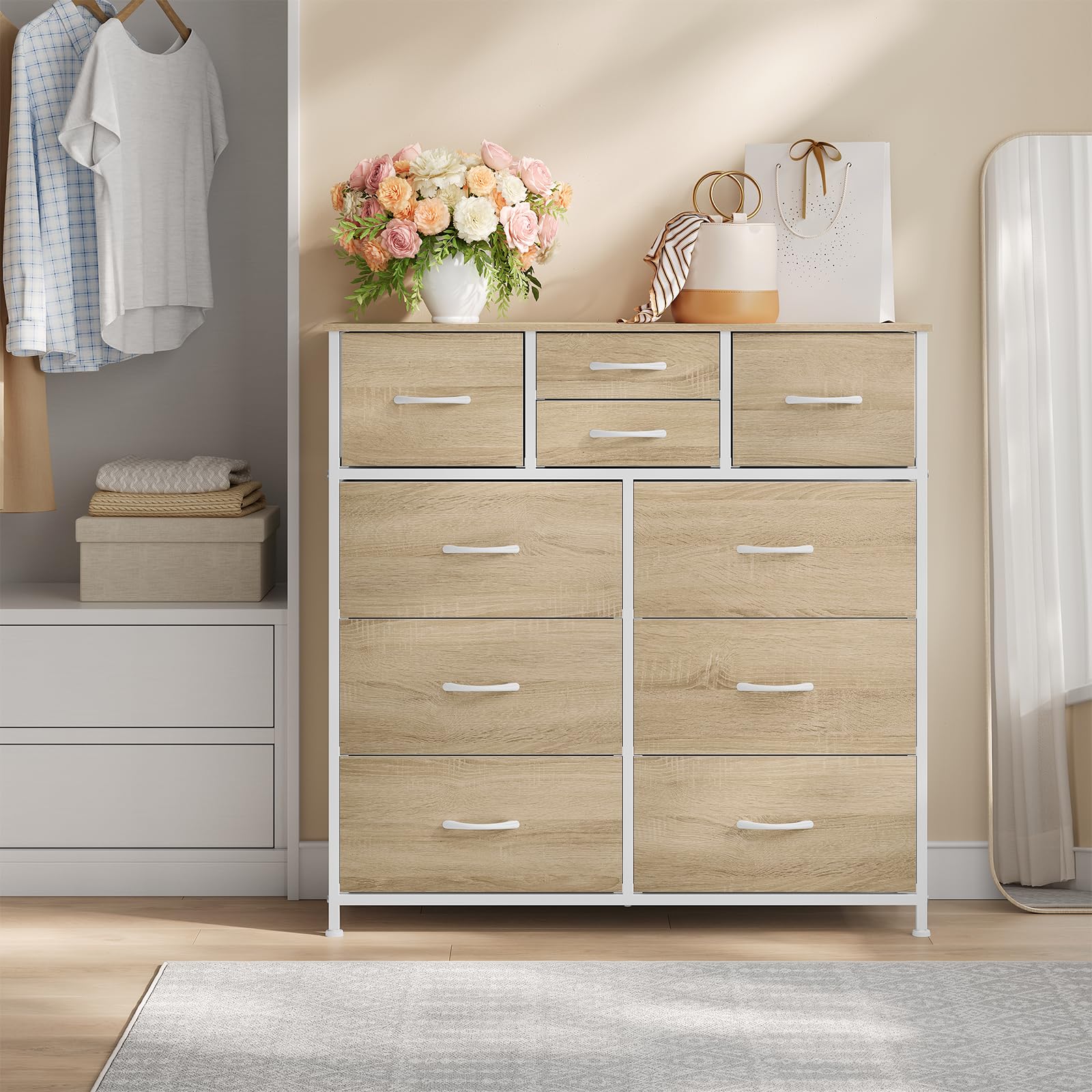 WOLTU Cajonera de Tela, Cómoda Dormitorio de Tela, Unidad de Almacenaje con 10 Cajones, para Recibidor y Salon, Estructura de Metal Resistente, Roble Claro+Blanco, SSK009whe