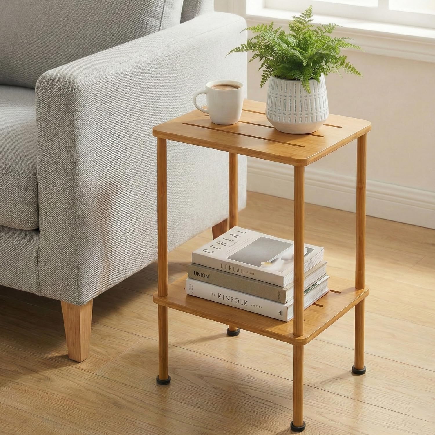 ZEXVIDA 2-Tier Bamboo Side Table, Slim End Table & Nightstand for Bedroom, Living Room, Sofa Side Table Coffee Table for Narrow Small Spaces (Rustic Brown)