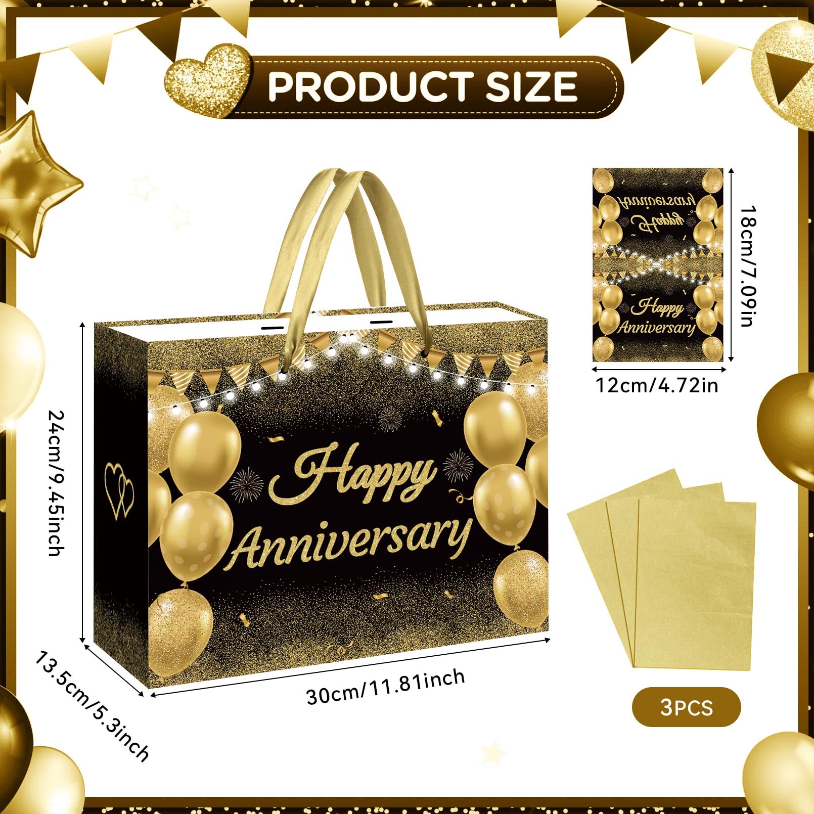 GOLDCROW Black Gold Anniversary Party Gift Bag with Tissue Papers and Card, Large Wedding Anniversary Paper Gift Wrapping Paper Bag for Men Women Anniversary Party, Wedding Party Supplies