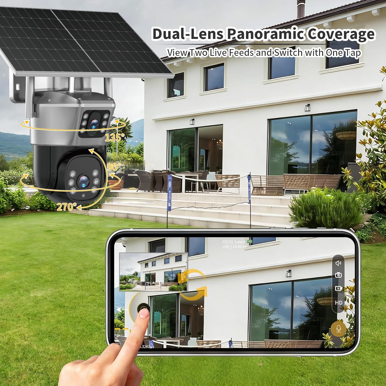 4G Solar Security Camera, 2K Dual-Lens Outdoor Camera Wireless with Human Detection, Two-Way Audio & Color Night Vision, 10400mAh Battery Powered Cameras, Cloud & SD Storage, Compatible with Alexa