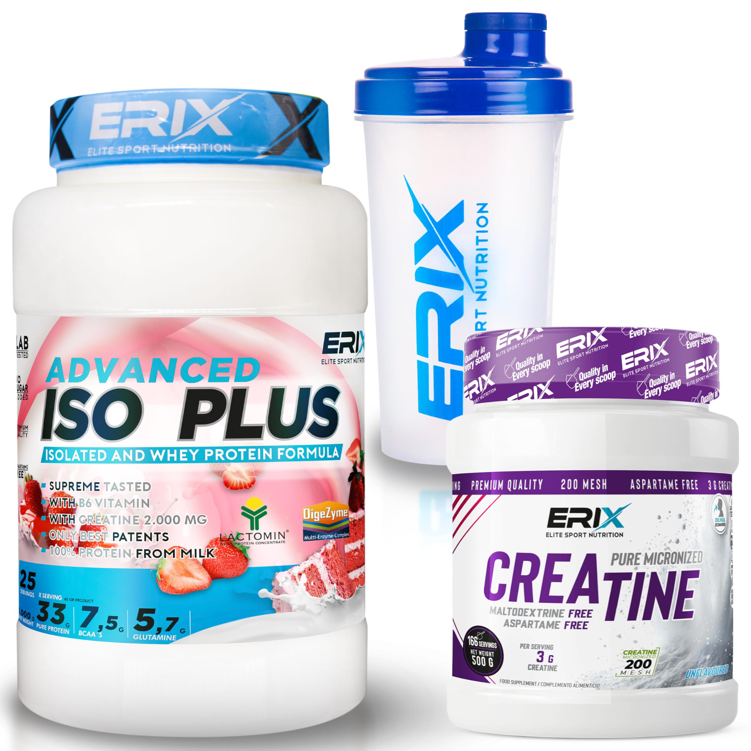 ERIX Nutrición Pack ISO Advanced Plus 1kg+ Creatina Monohidrato 500g+ Shaker Blanco, Proteína Aislada Isolate para Recuperación y Crecimiento Muscular, Musculación (Fresa)