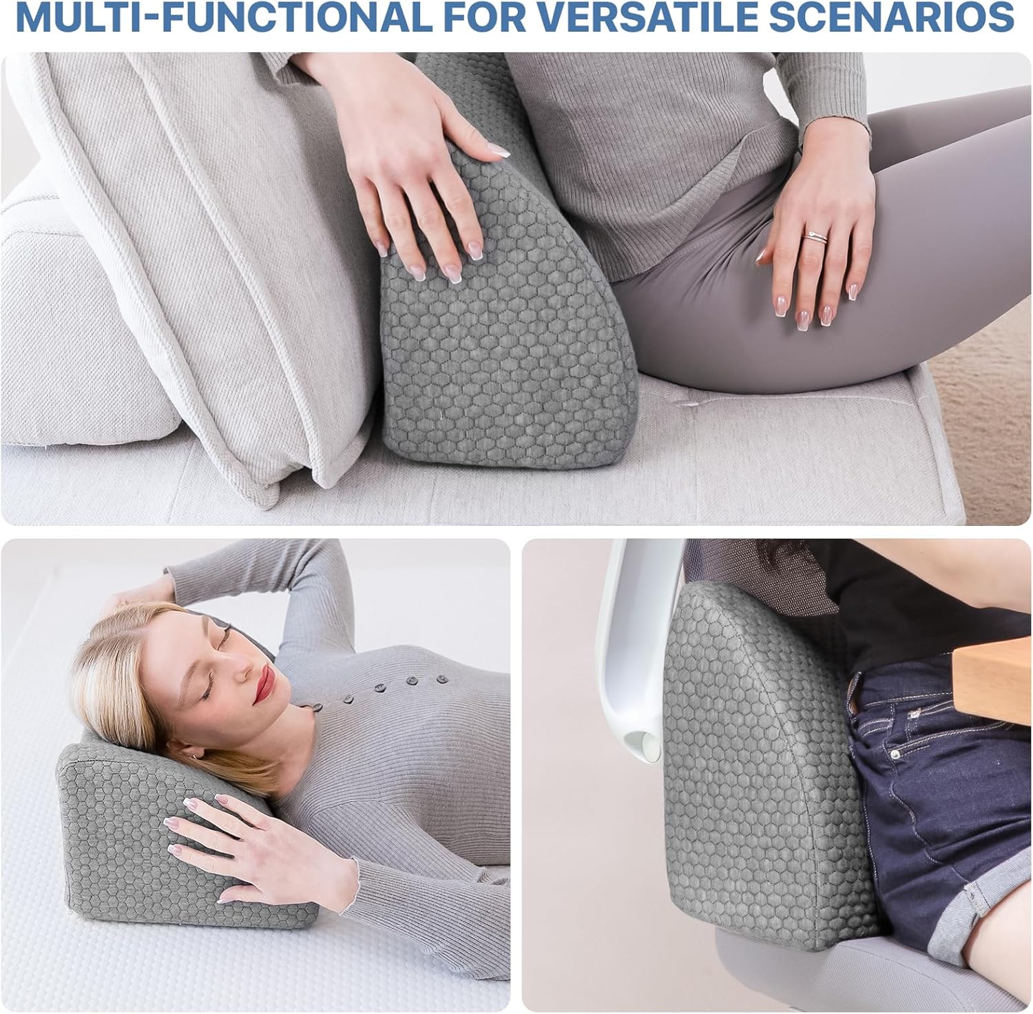 Lumbar Support Pillow Memory Foam Breathable Support for Office Chair, Car Seat, Sofa, Bed - Relieves Back, Spine, Neck Pain for Ergonomic Comfort Gray 18 * 11 * 7.5in