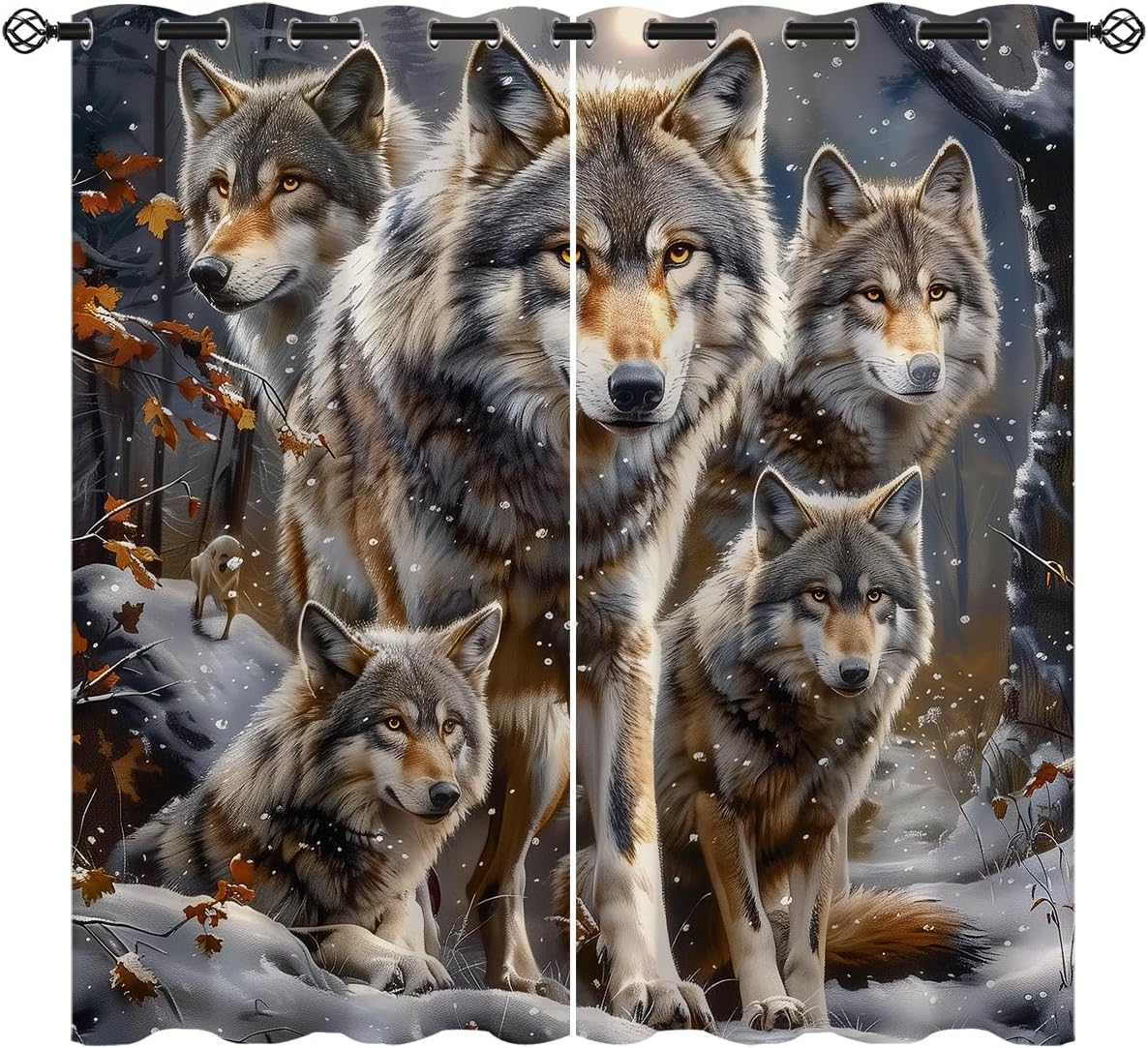 Wolf Blackout Curtains for Girls Boy Home Decor, Forest Wild Animals Nature Winter Scenery Grommet Thermal Insulated Drapes Darkening Window Curtain for Bedroom Living Room, 42 x 63 Inch