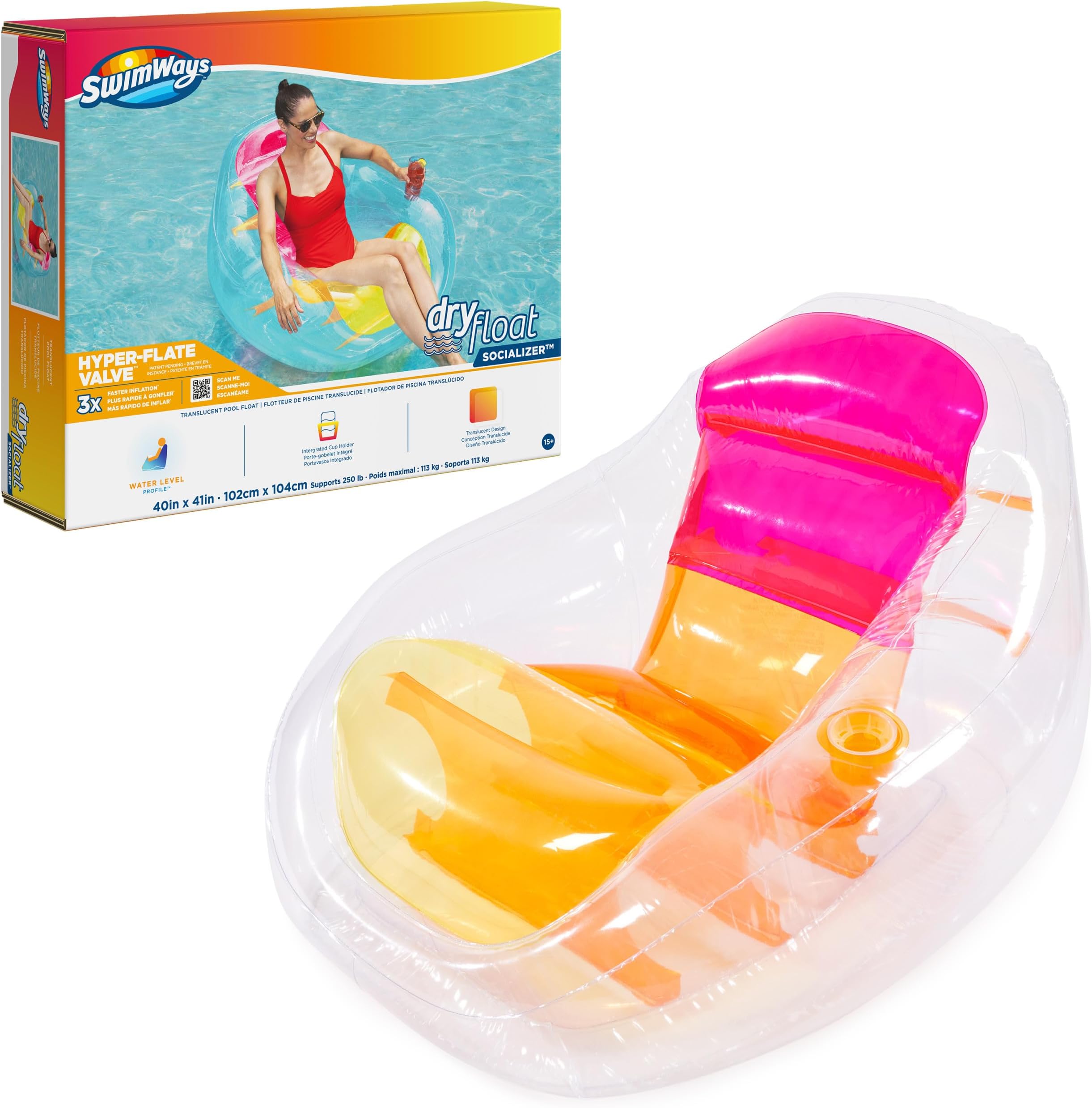 Swimways Dry Float Socializer Pool Float, Translucent Inflatable Recliner Chair for Adults with Fast Inflation, Cup Holder & Back Rest