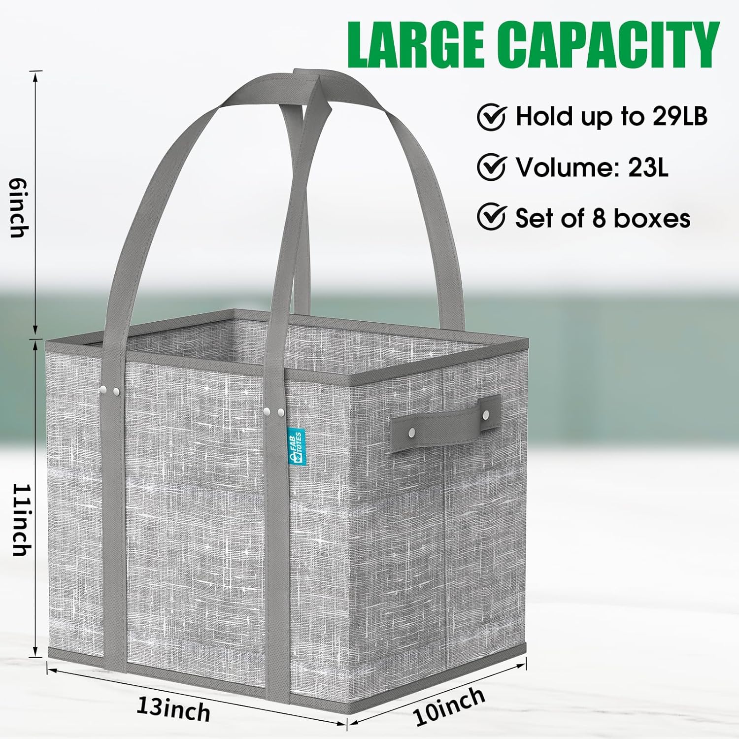 Fab totes Reusable Grocery Bags, Large Foldable Shopping Tote Bags with Reinforced Handles & Hard Bottom,8 Pack, Grey