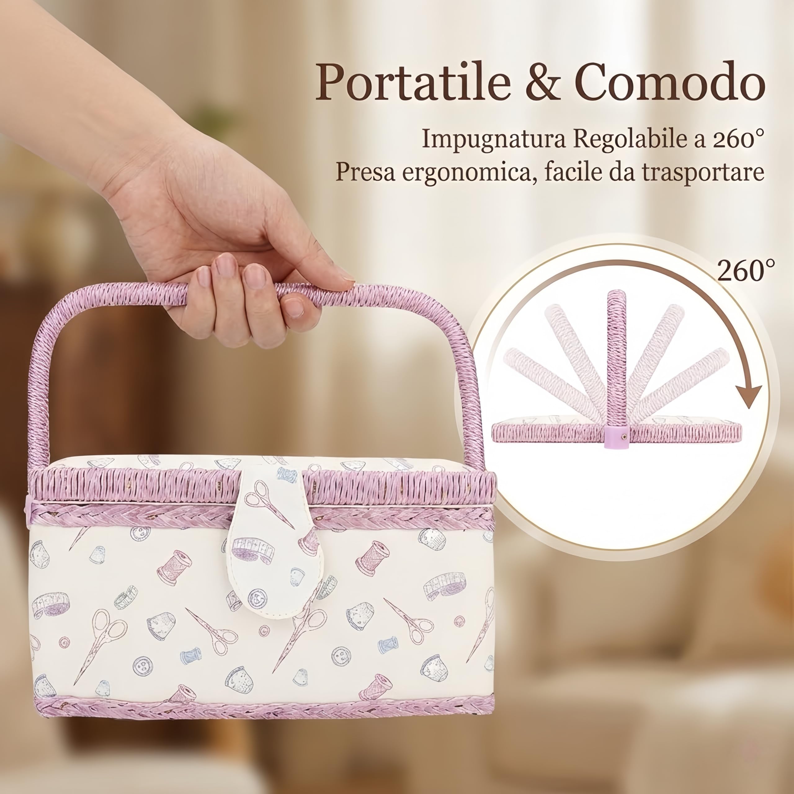Cestino da Cucito Vintage con Manico - Scatola Portaoggetti in Tessuto con Vassoio Rimovibile, Organizer Kit Cucito Doppio Strato per Aghi e Fili (Fantasia Rosa)