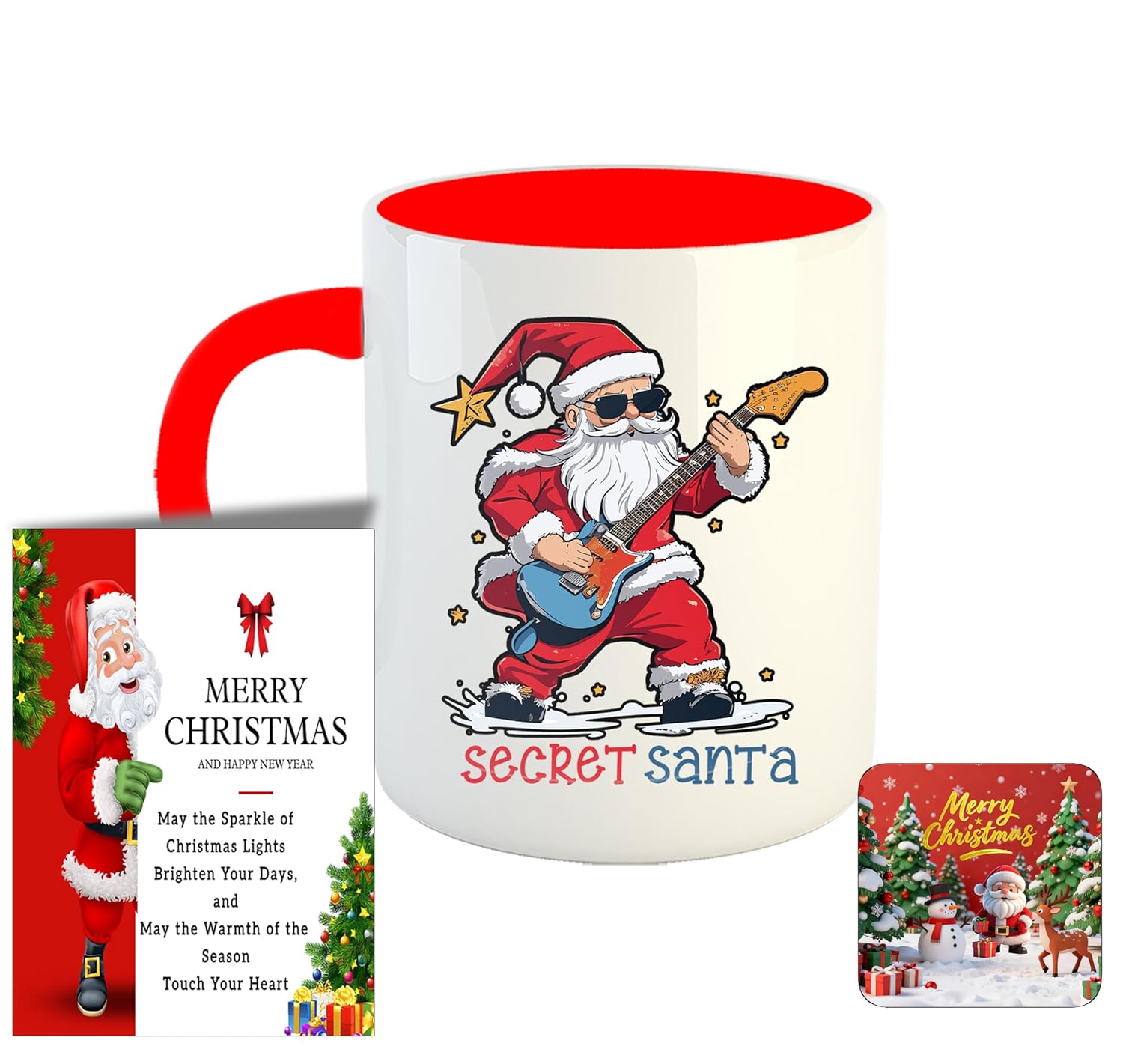Printed Coffee Mug/Cup with Greeting Cards & Fridge Magnet, Christmas/Xmas Gifts, Secret Santa Gift, for Friends, Family, Santa Guitar, R7620-RD Printed Coffee Mug/Cup with Greeting Cards & Fridge Magnet, Christmas/Xmas Gifts, Secret Santa Gift, for Friends, Family, Santa Guitar, R7620-RD