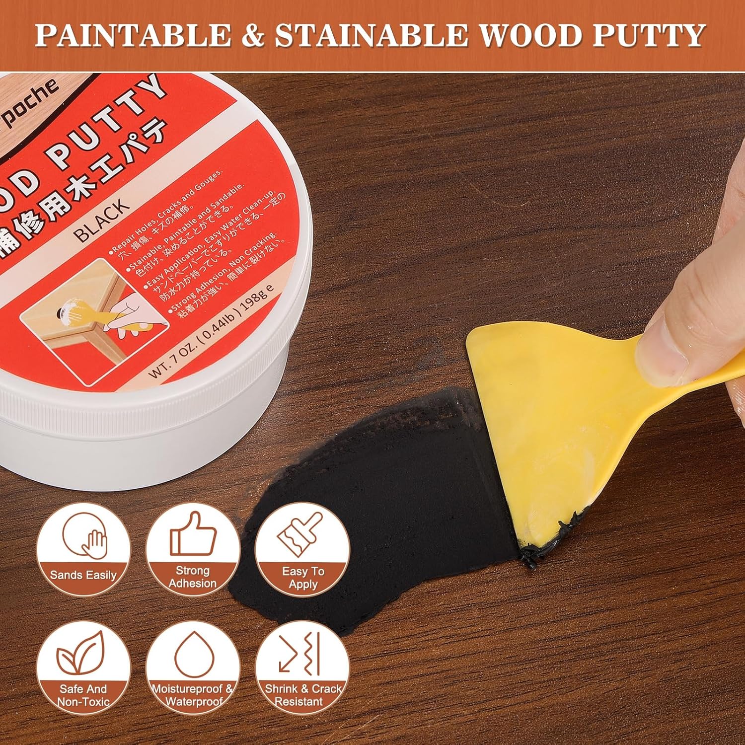 Wood Filler Putty, Black Wood Putty Filler Paintable, Stainable, Sandable, 7 Ounce Furniture Repair Kit, Quickly Repair Holes, Cracks, Chips and Scorched Areas of Wooden Furniture Floor, Easy to Use