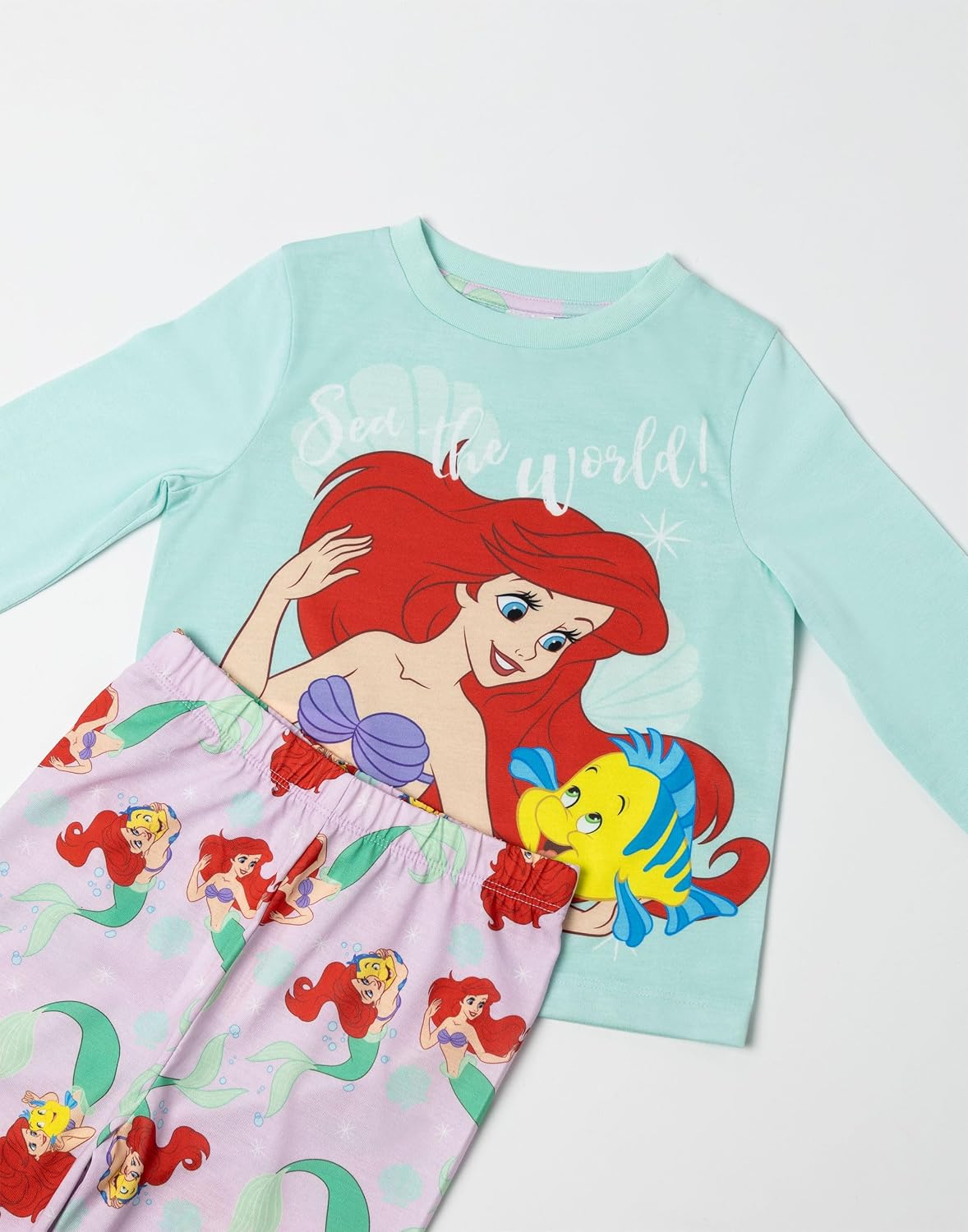 Disney The Little Mermaid Girls Multi Long Sleeve Long Leg Pyjama Set Ariel Flounder Sleepwear for Bedtime & Lounging