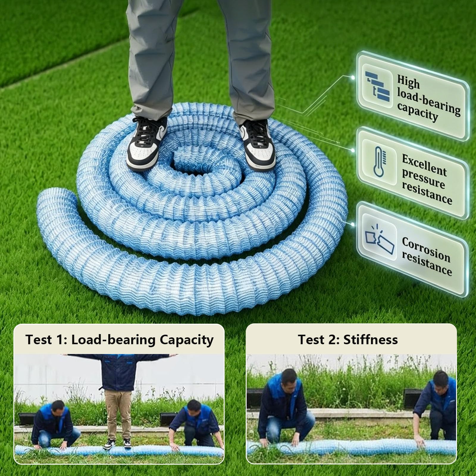 Tuyau d'évacuation ondulé perforé de 5,1 cm avec filtre non tissé, perméabilité toutes directionnelles pour drainage souterrain de jardin paysager (42 m)