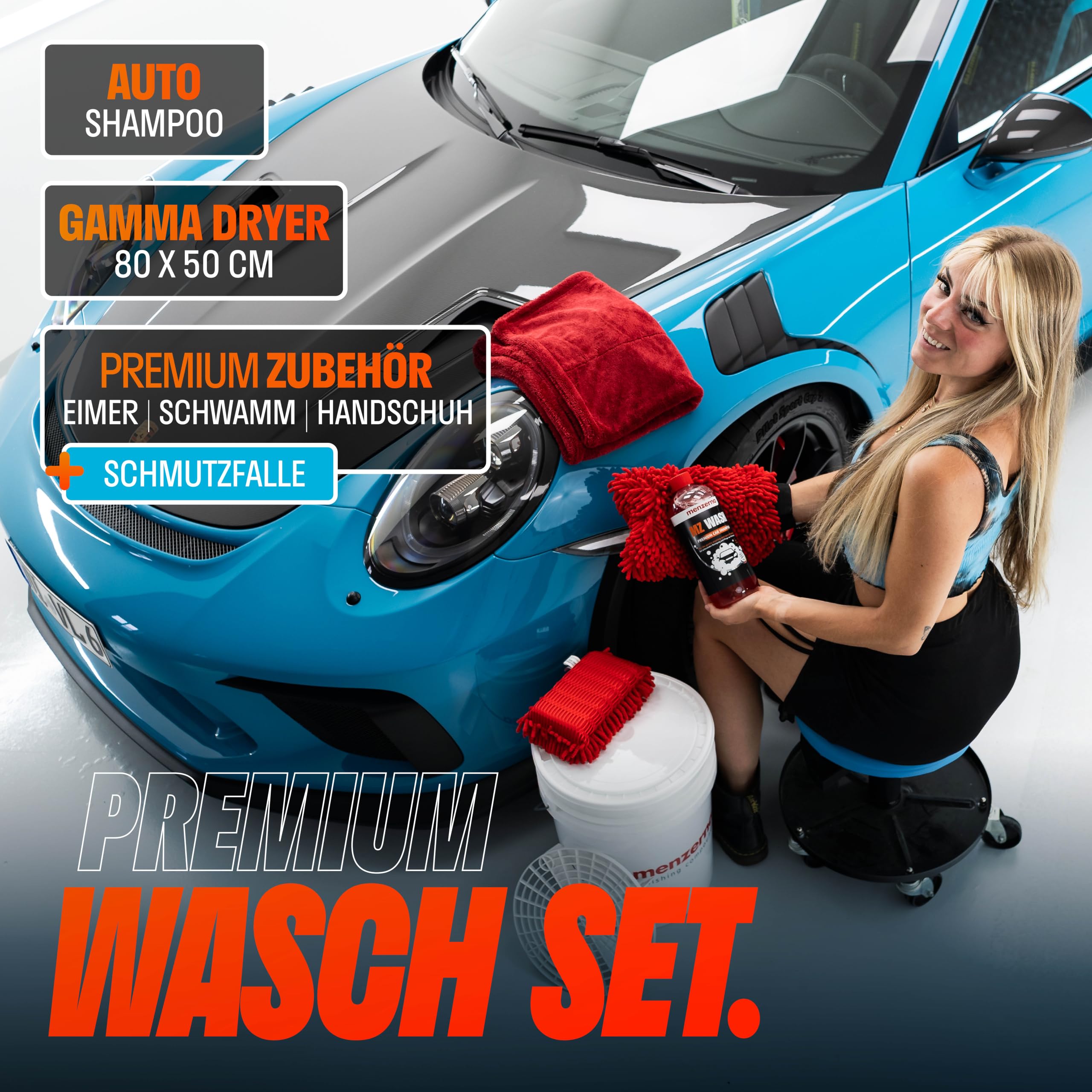 Auto Reinigungsset Außen | Menzerna Autoshampoo 1l + Wascheimer + Deckel + Schmutzsieb + Waschhandschuh + Trockentuch + Insektenschwamm | Autowasch Set
