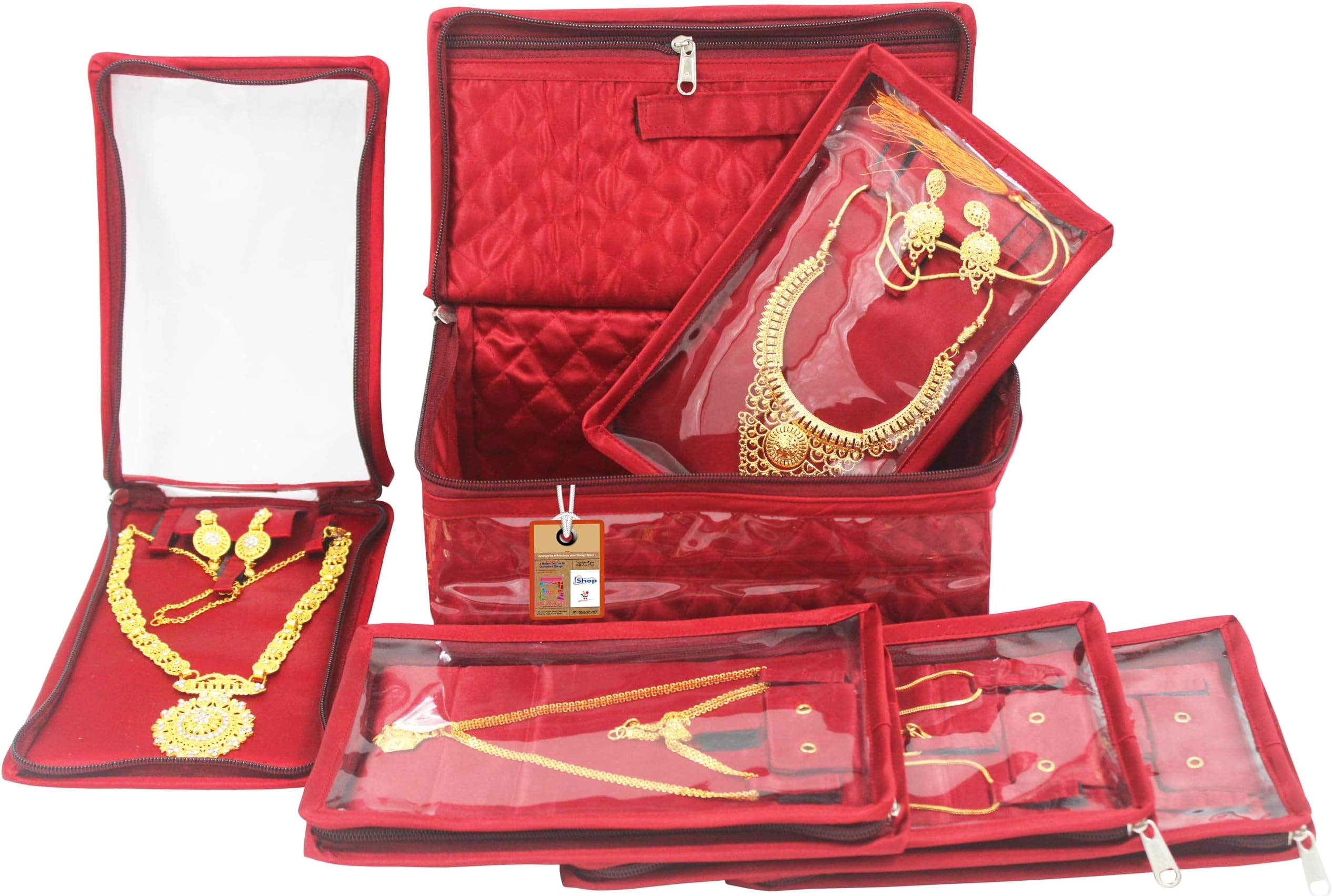 atorakushon Satin Women's Jewellery Organizer Necklace Pouches Ring Earring Travelling Make up Kit with 5 Pouch (Maroon)