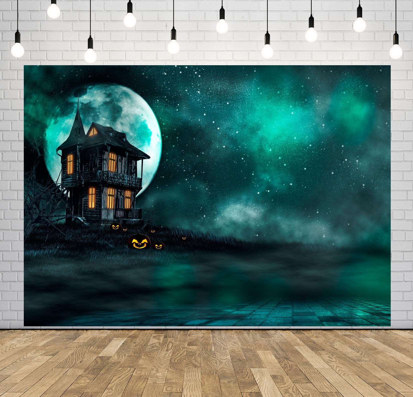 10x8FT (3x2.5m) Casa Infestata Sotto Luna Turchese Sfondo Fotografico