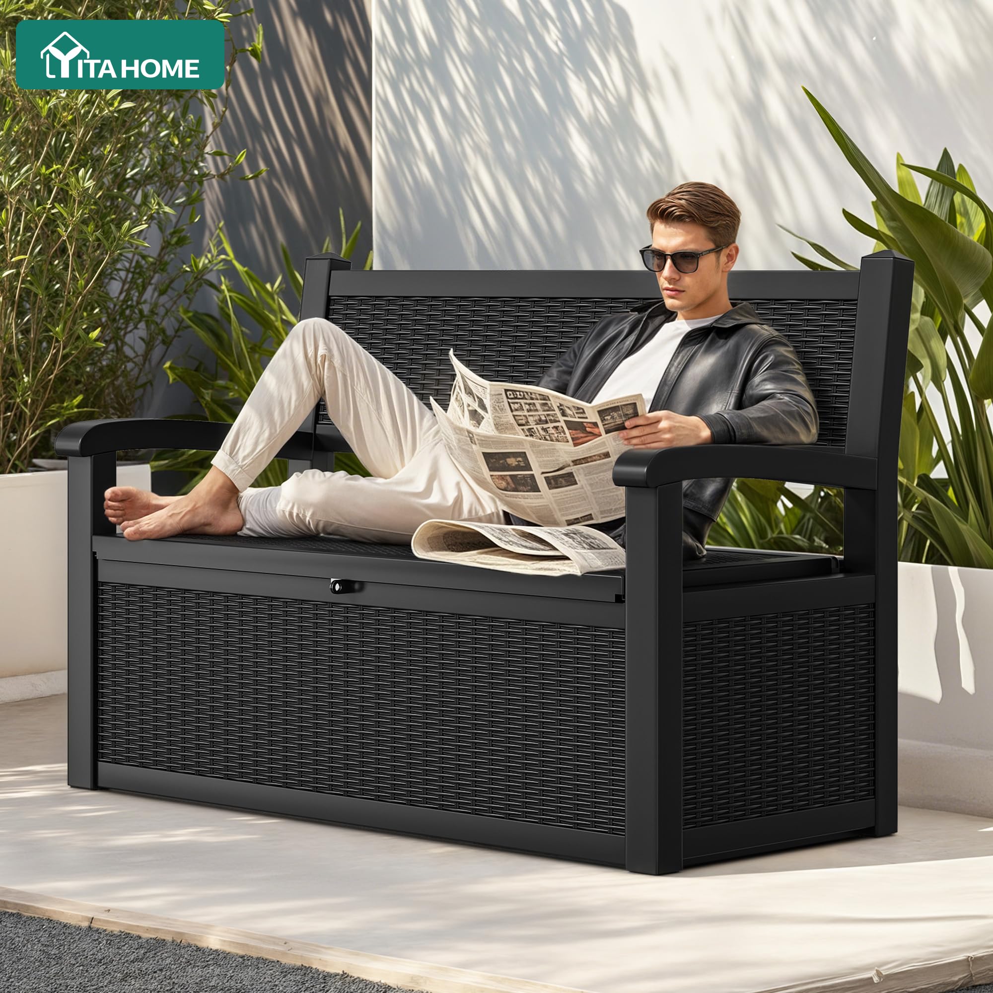 YITAHOME Aufbewahrungsbox mit 270L Fassungsvermögen, Allwetter-Resin Gartenbank mit abschließbarem Deckel, Gartenaufbewahrung für Terrassenmöbel, Kissen, Werkzeuge und Poolzubehör Schwarzer-Stuhl
