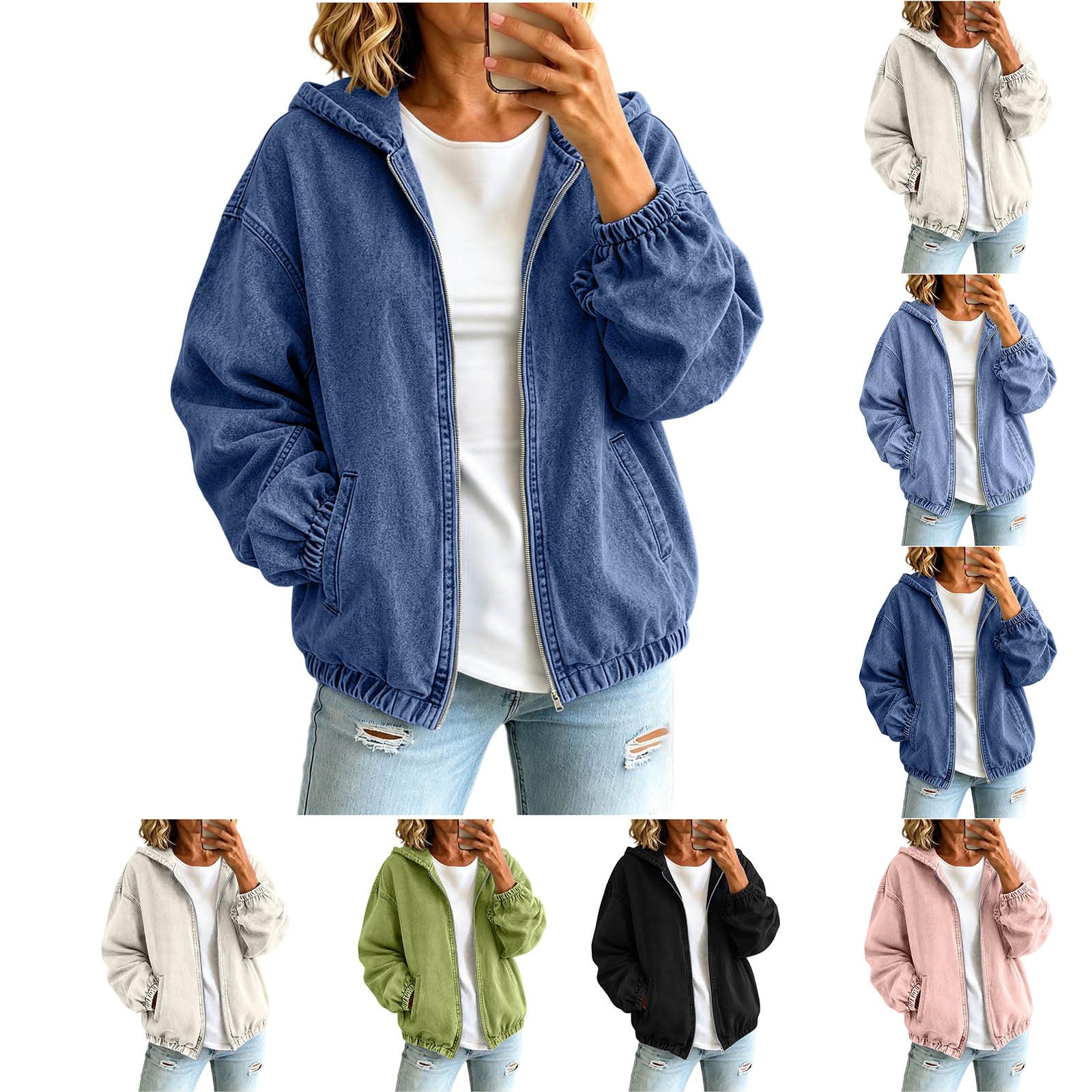 Giacca in denim da donna, a maniche lunghe, con tasche, chiusura lampo