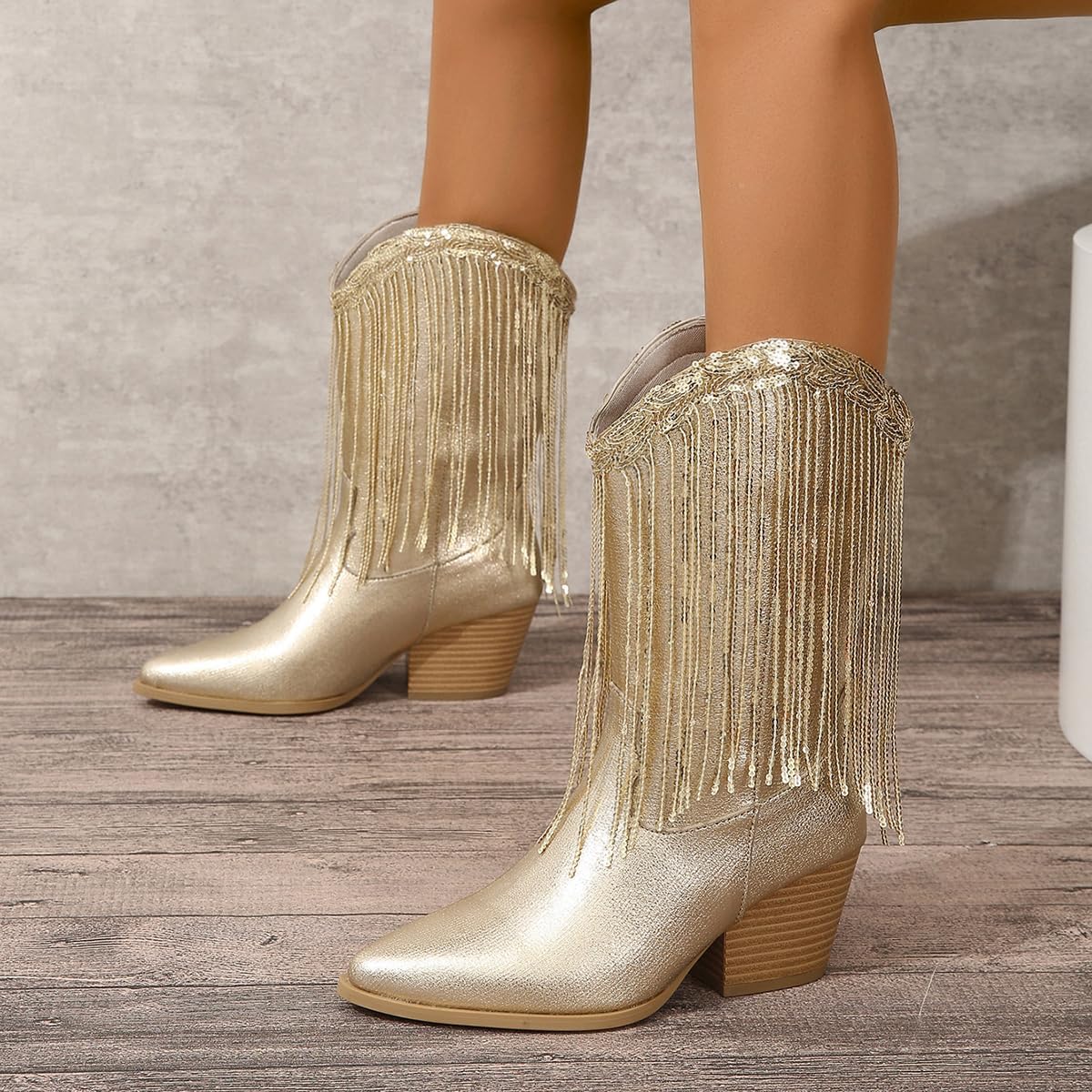 Women's Sparkle Gold Cowboy Boots - Sequin Pointy Toe Thick Heel with Fringe, Glitter Western Boots for Disco Cowgirl Outfits