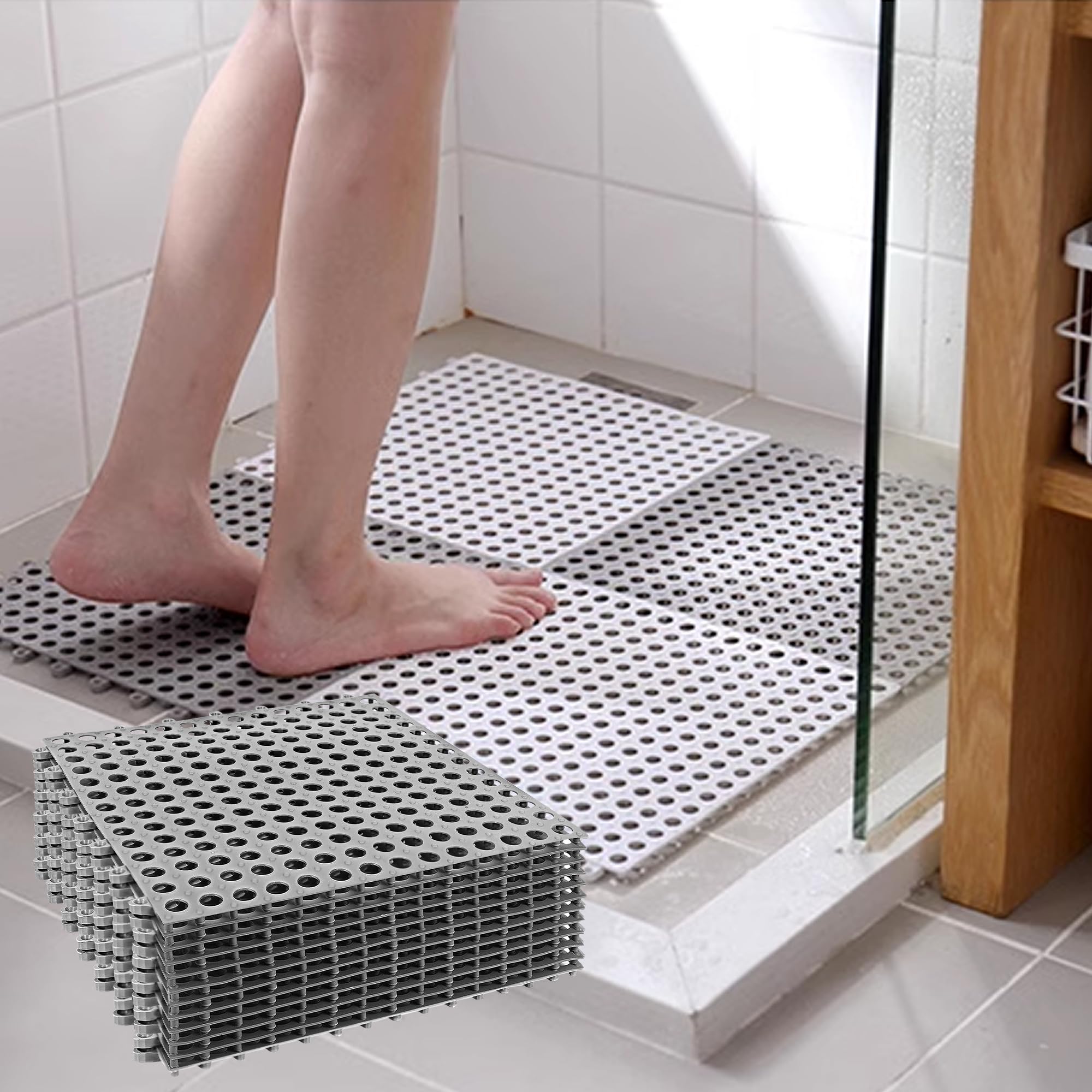 12Pack 12" x 12", Interlocking Rubber Floor Tiles Soft PVC Non-Slip Tile Splicing Shower Mat Outdoor Cushion Mat for Bathroom, Deck, Drain, Pool, Patio, Balcony, Kennel Grey — Amazon image 5