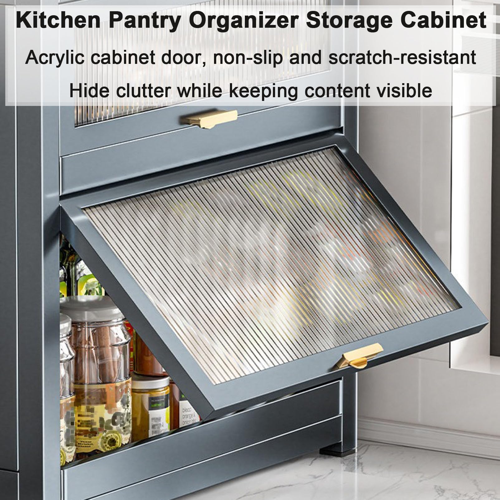 Armoire de Garde-Manger de Cuisine autoportante avec tiroirs coulissants et Porte Rabattable, Organisateur de comptoir pour Bouteilles/Plats/Tasses à épices