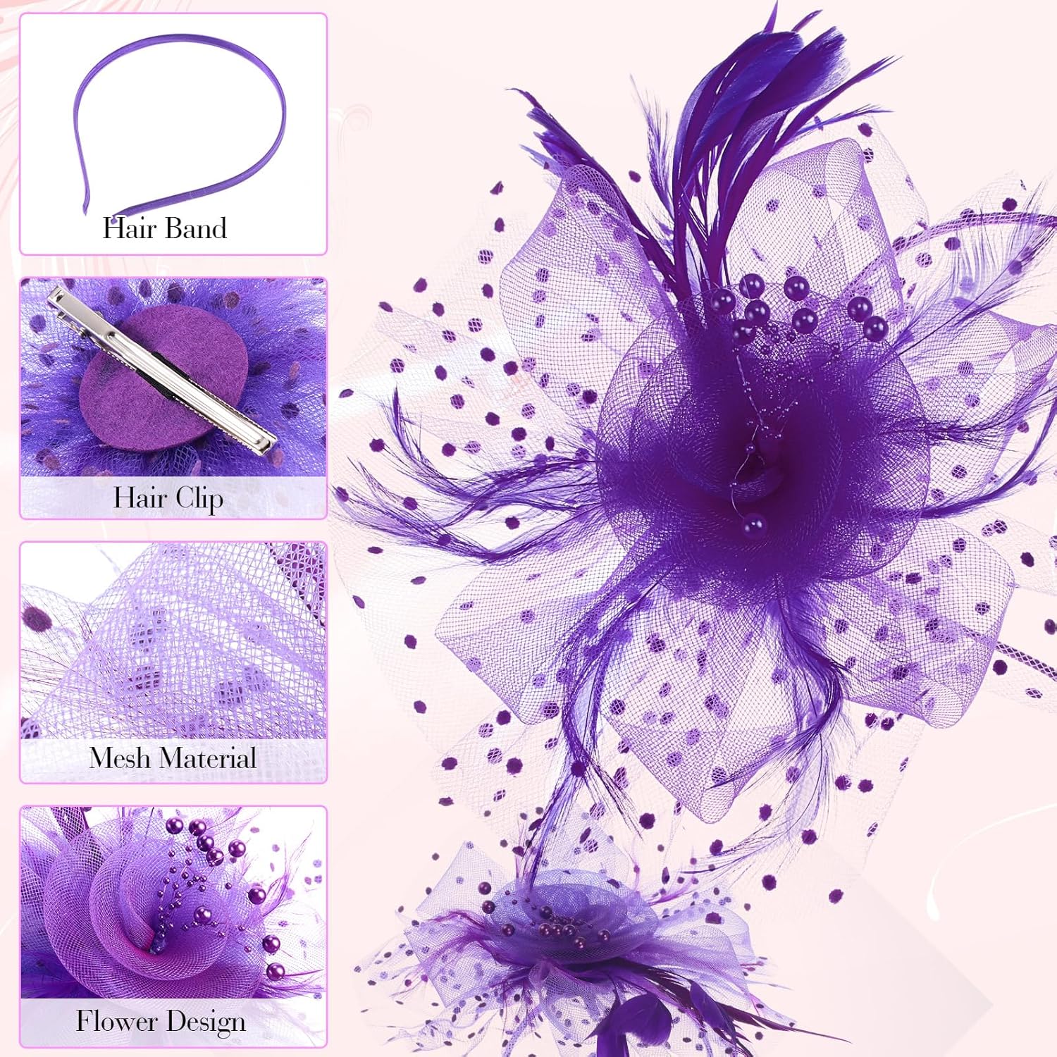 24 Pack Fascinators Hats for Women Tea Party Bulk Vintage Feather Mesh Derby Hats with Headbands and Clips for 1920s Church Wedding Cocktail Headpieces