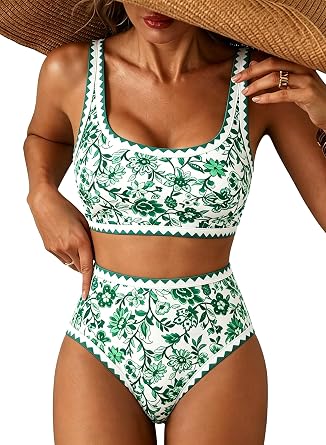 Womens Floral High-Waisted Bikini Set, 2 Piece Swimsuits High Waisted Scoop Bathing Suits