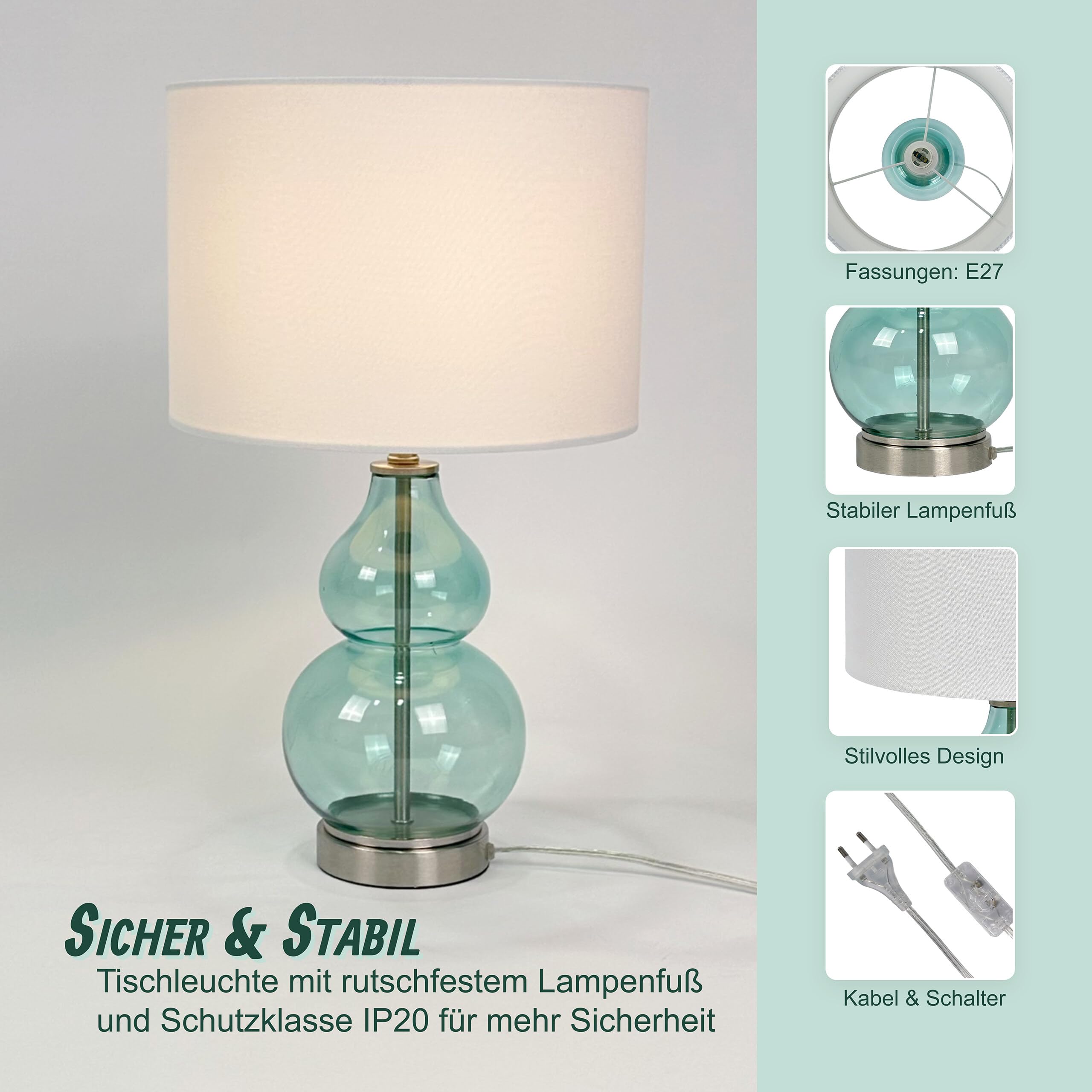 Relaxdays Tischlampe, Glasfuß & Stoffschirm, E14, HxD: 44 x 26 cm, Nachttischlampe mit Kabel, Schlafzimmer, weiß/blau