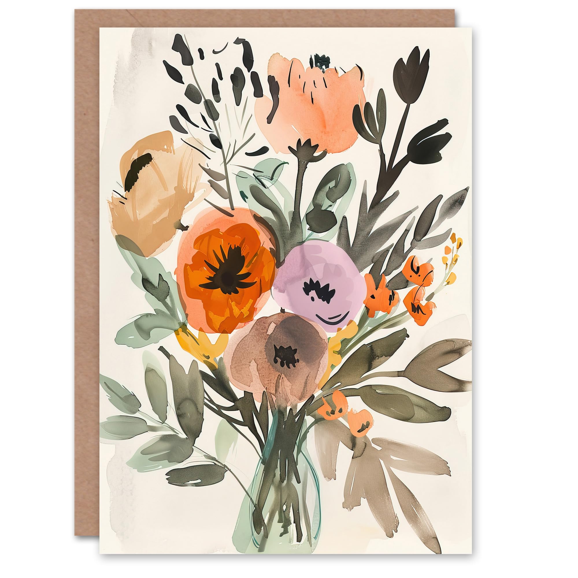 Artery8 Greeting Card Flower Bouquet Vase Abstract Floral Watercolour Birthday