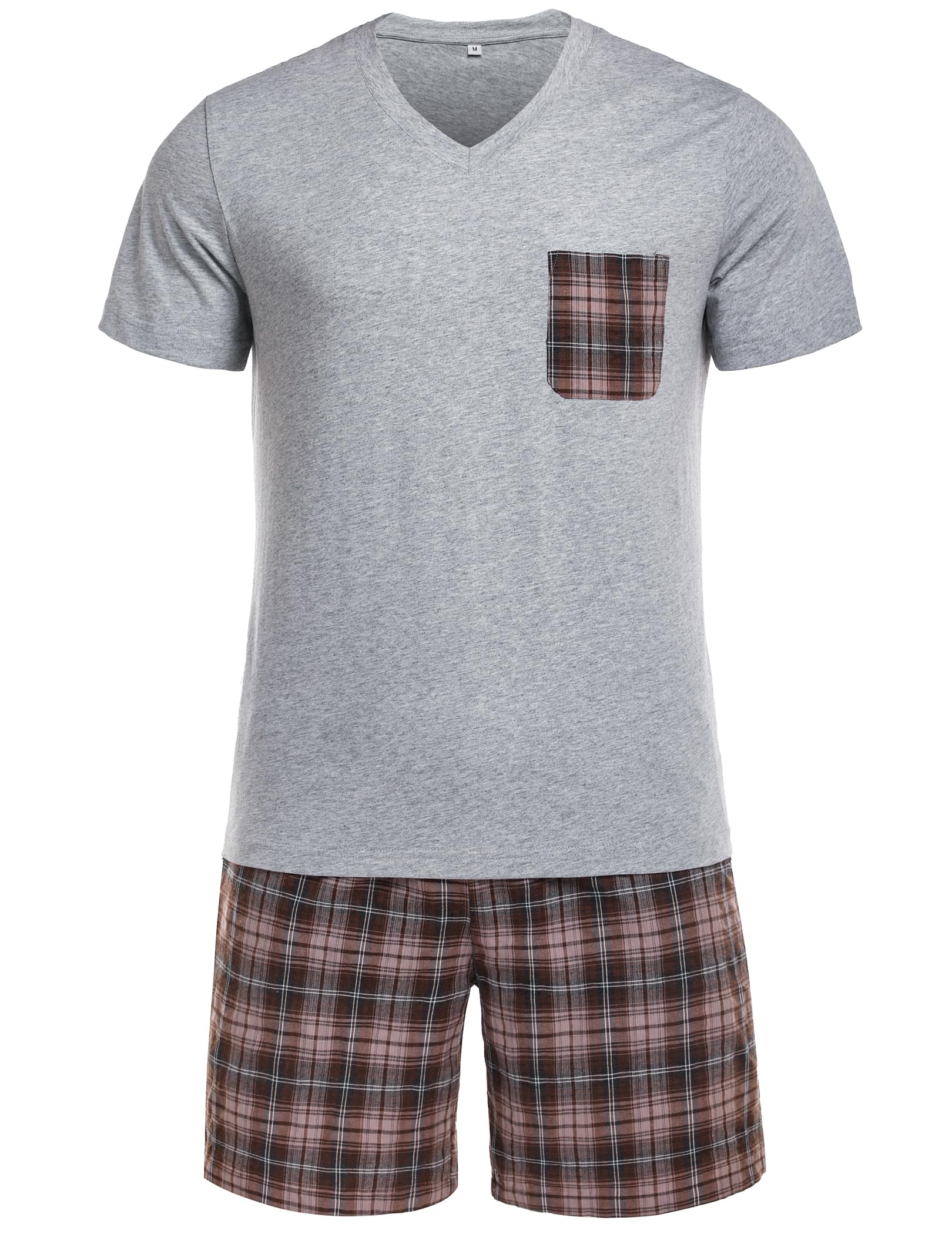 Winovia Herren Schlafanzug Kurz Pyjama Set aus 100% Baumwolle - V-Ausschnitt Kurzarm Shirt & Karierte Shorty Hose mit Gummibund - Atmungsaktive Nachtwäsche & Homewear für Sommer